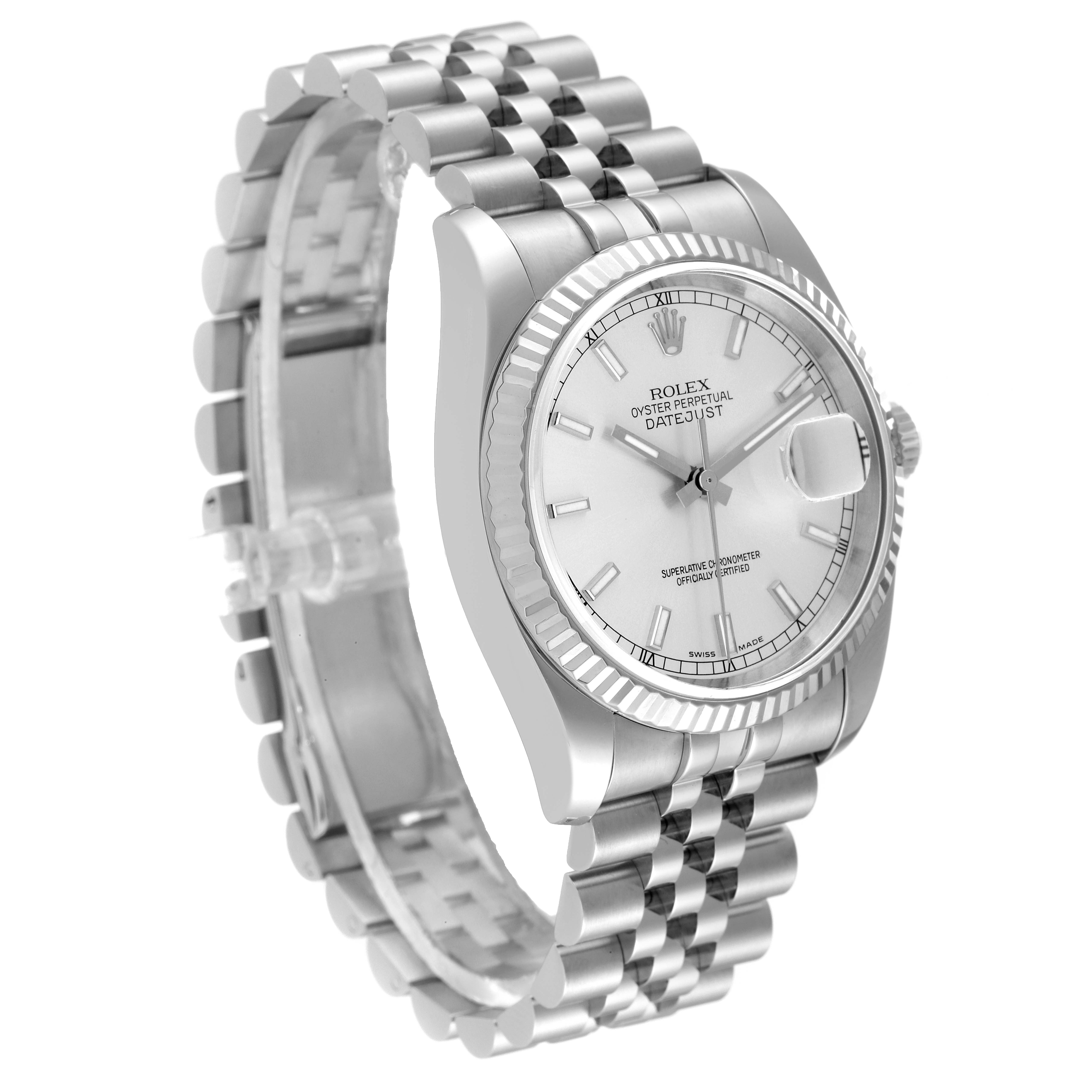 The image shows a side angle view of a Rolex Datejust 116234 Men's Stainless Steel Silver Dial 116234 Men's Stainless Steel Silver Dial, highlighting its bracelet, case, and dial.
