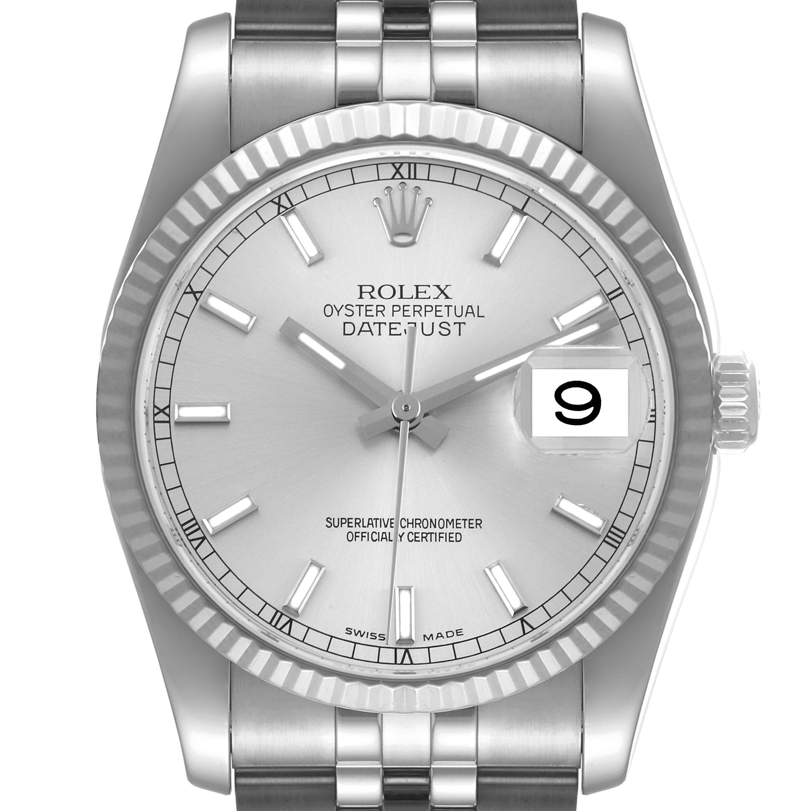 This image shows a front view of the Rolex Datejust 116234 Men's Stainless Steel Silver Dial 116234 Men's Stainless Steel Silver Dial watch, highlighting its dial, date window, and bracelet band.