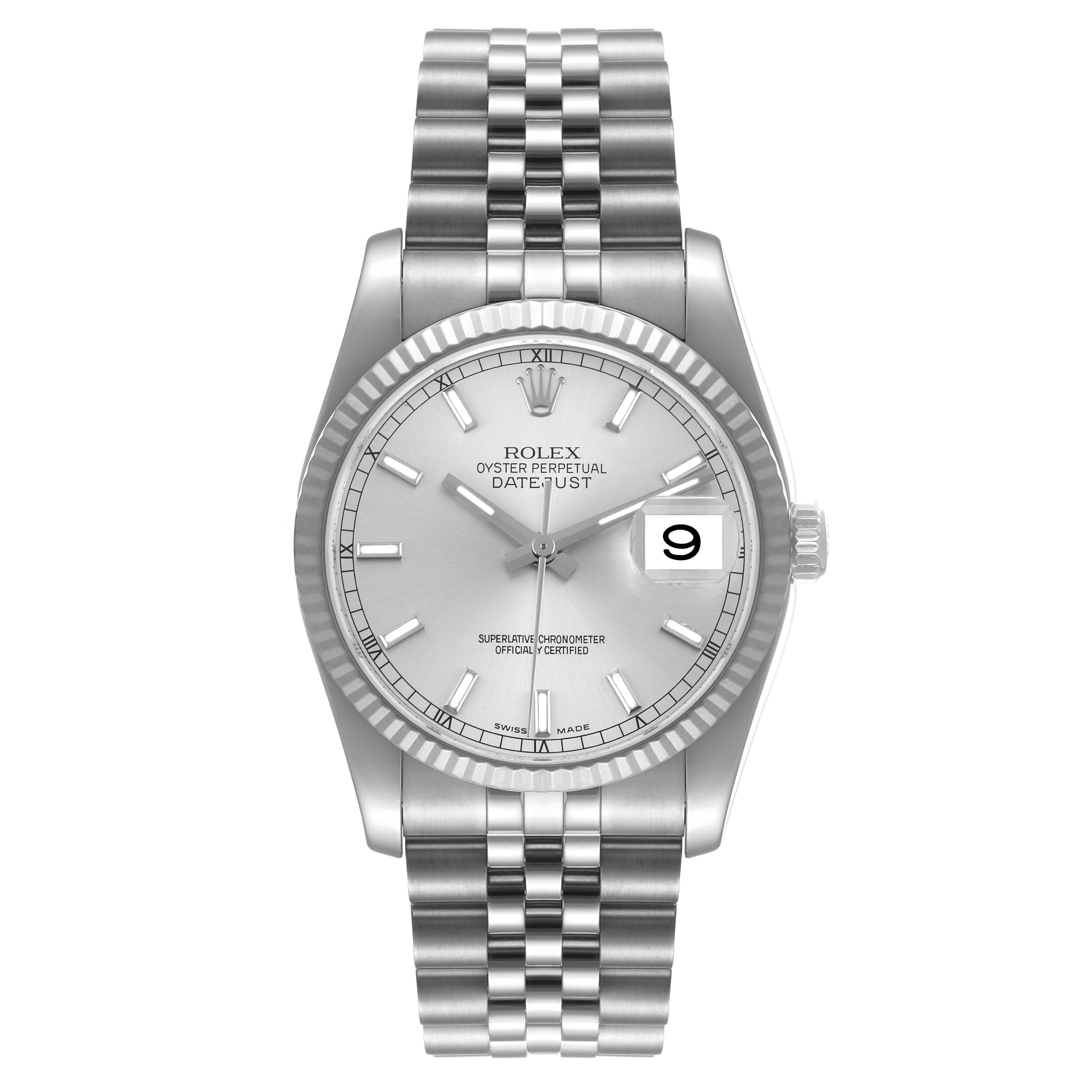 The Rolex Datejust 116234 Men's Stainless Steel Silver Dial 116234 Men's Stainless Steel Silver Dial watch is shown from a top-down angle, displaying the face, bezel, and bracelet.