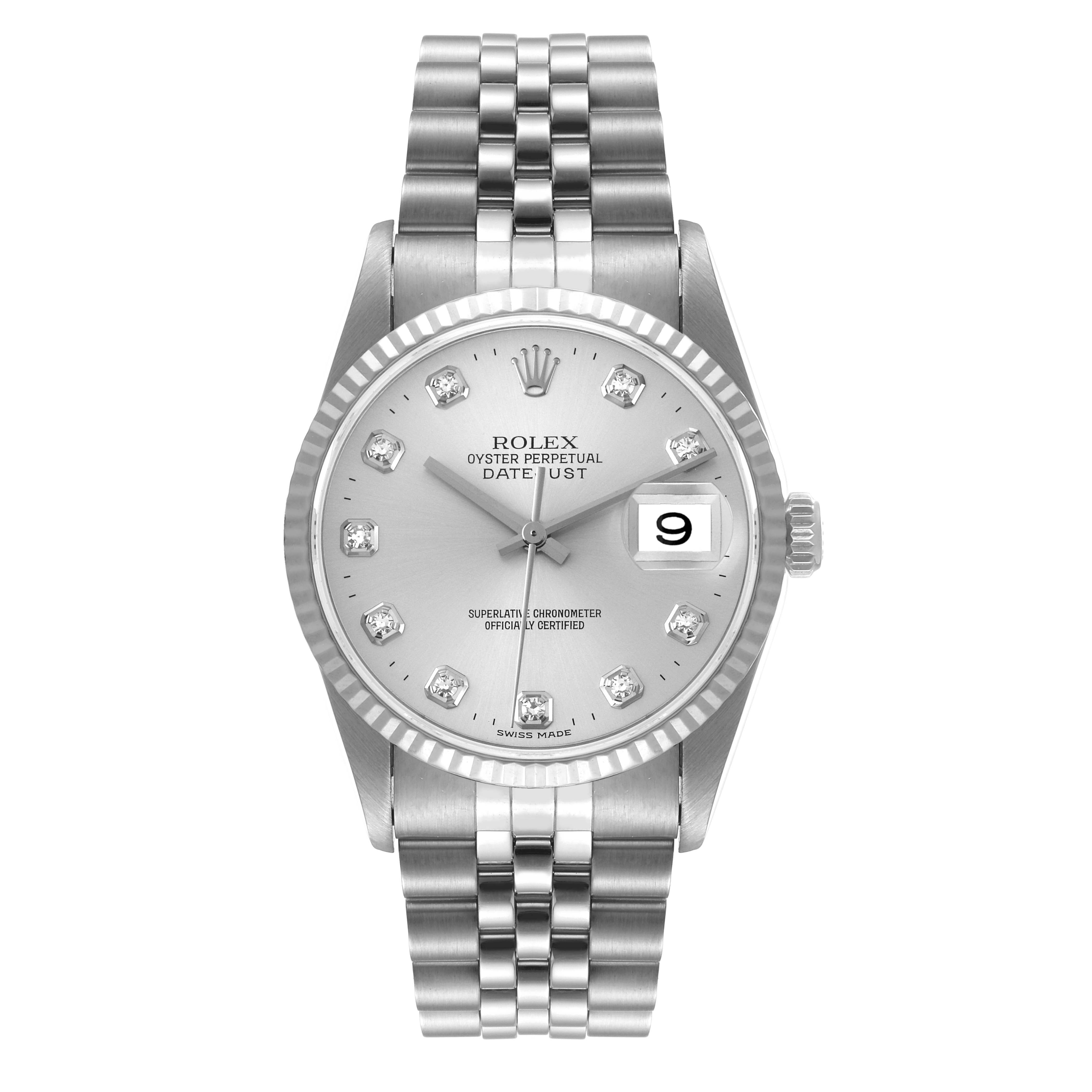 This is a frontal view of a Rolex Datejust 16234 Men's Stainless Steel Silver Dial 16234 Men's Stainless Steel Silver Dial watch, showing the face, bezel, and bracelet.