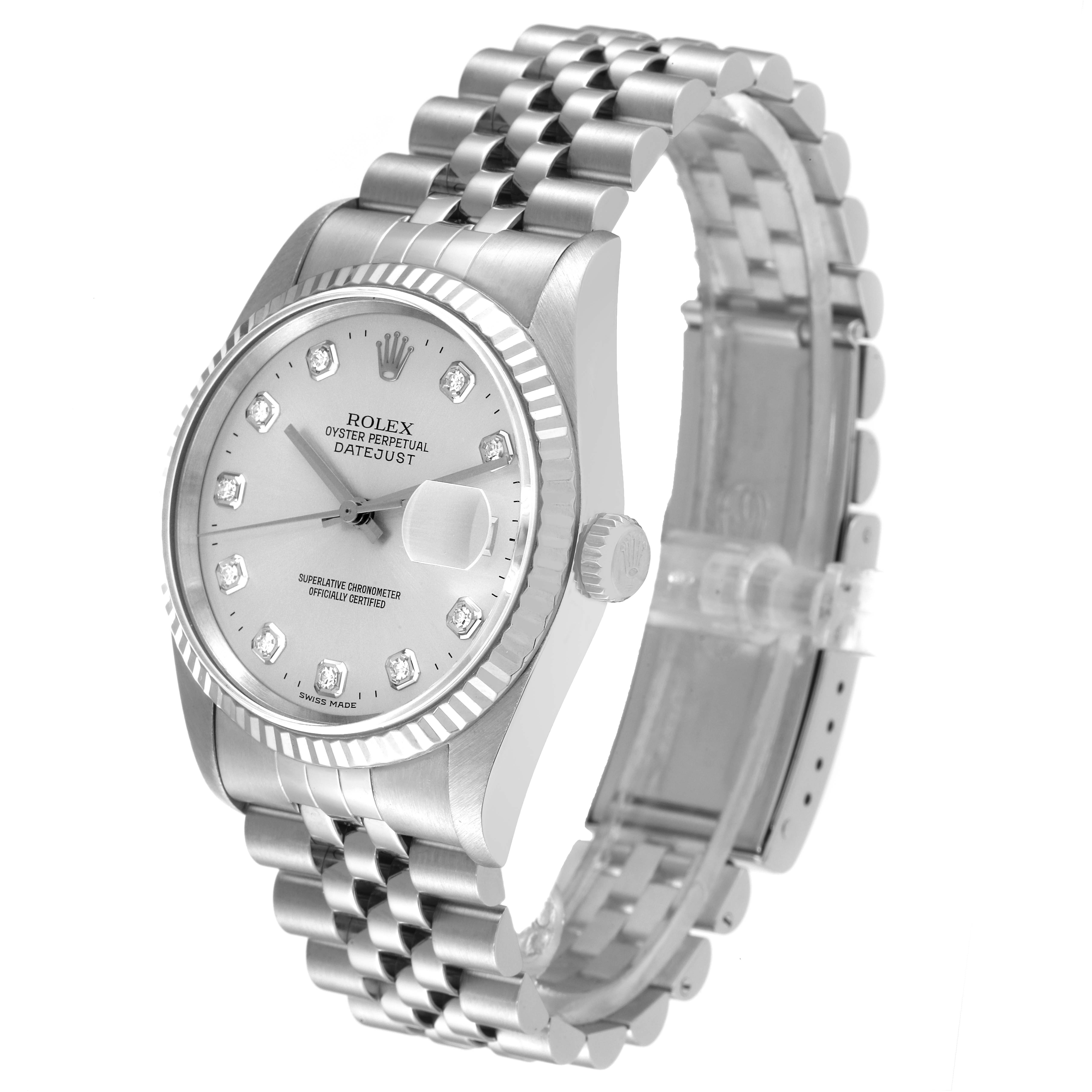 The Rolex Datejust 16234 Men's Stainless Steel Silver Dial 16234 Men's Stainless Steel Silver Dial watch is shown at a three-quarters angle, displaying the dial, bezel, and bracelet.
