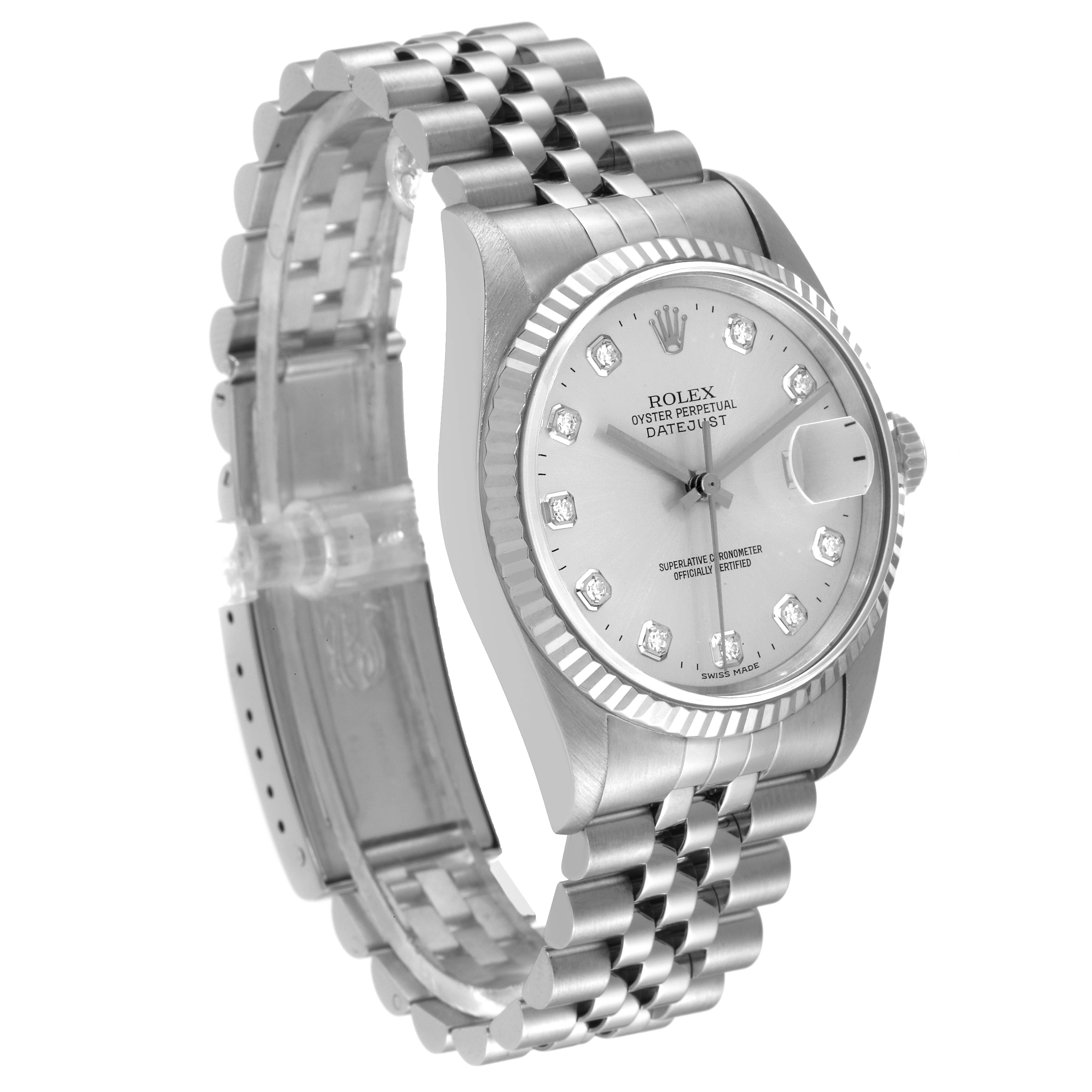 This Rolex Datejust 16234 Men's Stainless Steel Silver Dial 16234 Men's Stainless Steel Silver Dial watch is shown from an angled side view, highlighting its face, bezel, and Jubilee bracelet.