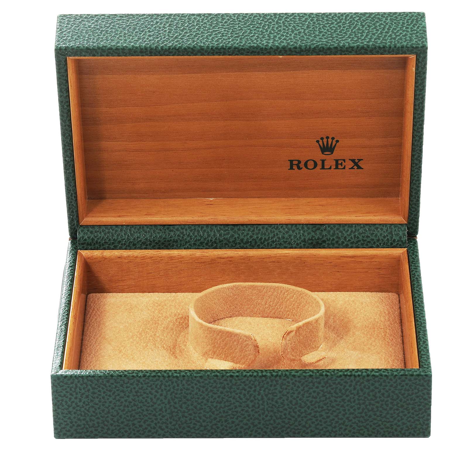 This image shows an open green and wood Rolex Datejust 16234 Men's Stainless Steel Silver Dial 16234 Men's Stainless Steel Silver Dial watch box without the watch.