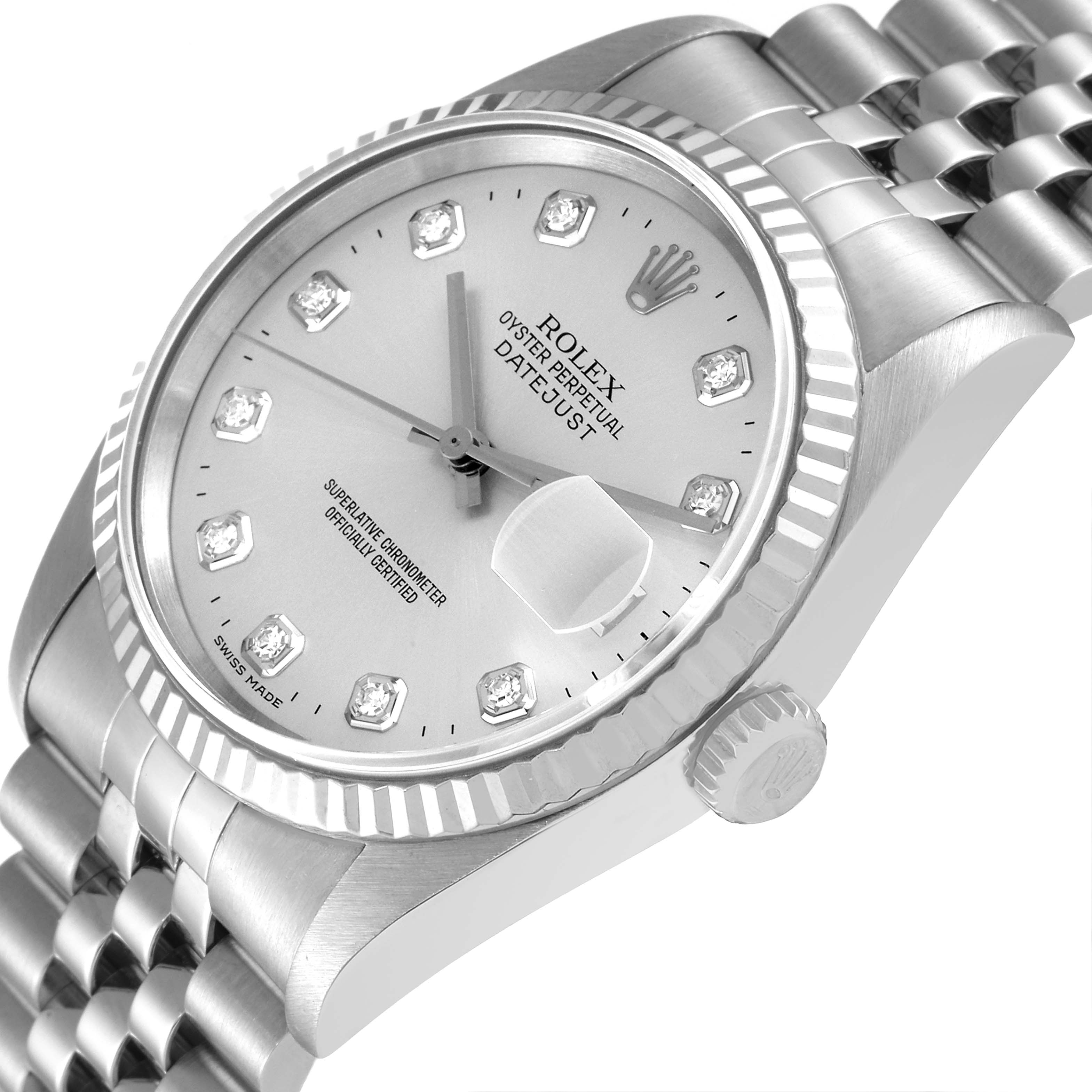 This image shows a Rolex Datejust 16234 Men's Stainless Steel Silver Dial 16234 Men's Stainless Steel Silver Dial watch at a tilted angle highlighting its face, crown, fluted bezel, and part of its Jubilee bracelet.