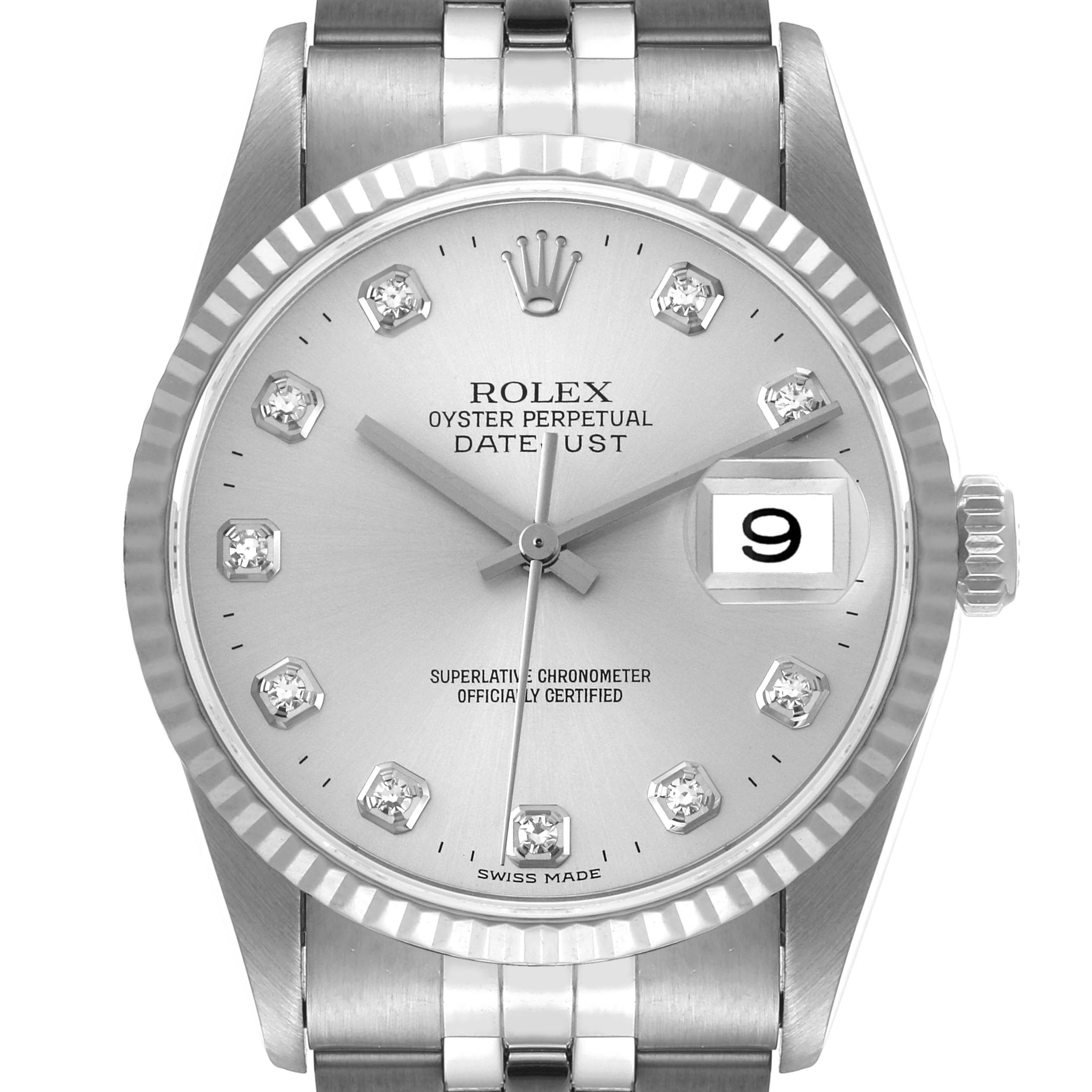 The image shows a front view of a Rolex Datejust 16234 Men's Stainless Steel Silver Dial 16234 Men's Stainless Steel Silver Dial watch, displaying the dial, hands, date window, and part of the bracelet.