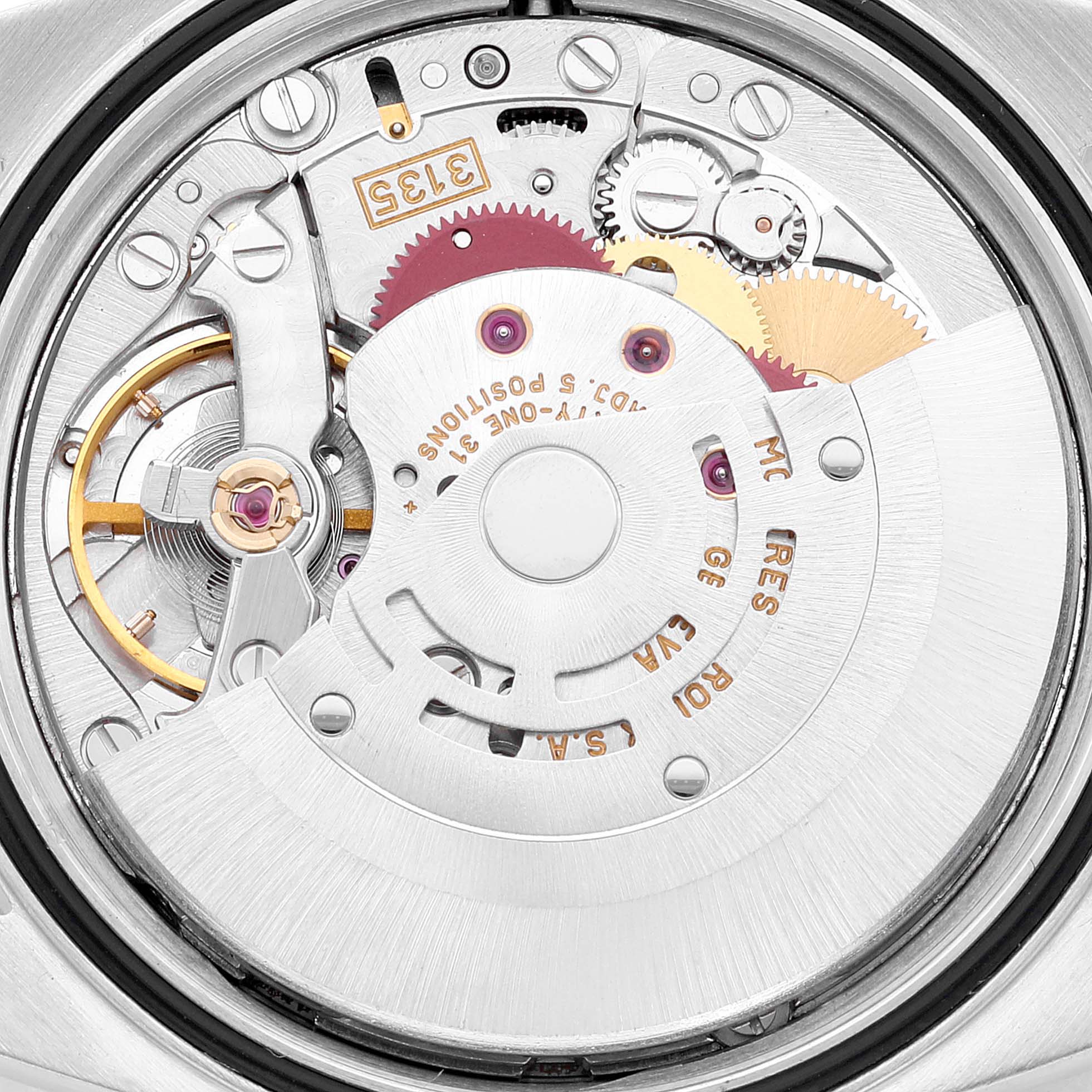 This image shows the inner mechanical movement of a Rolex Datejust 16234 Men's Stainless Steel Silver Dial 16234 Men's Stainless Steel Silver Dial watch viewed from the case back.
