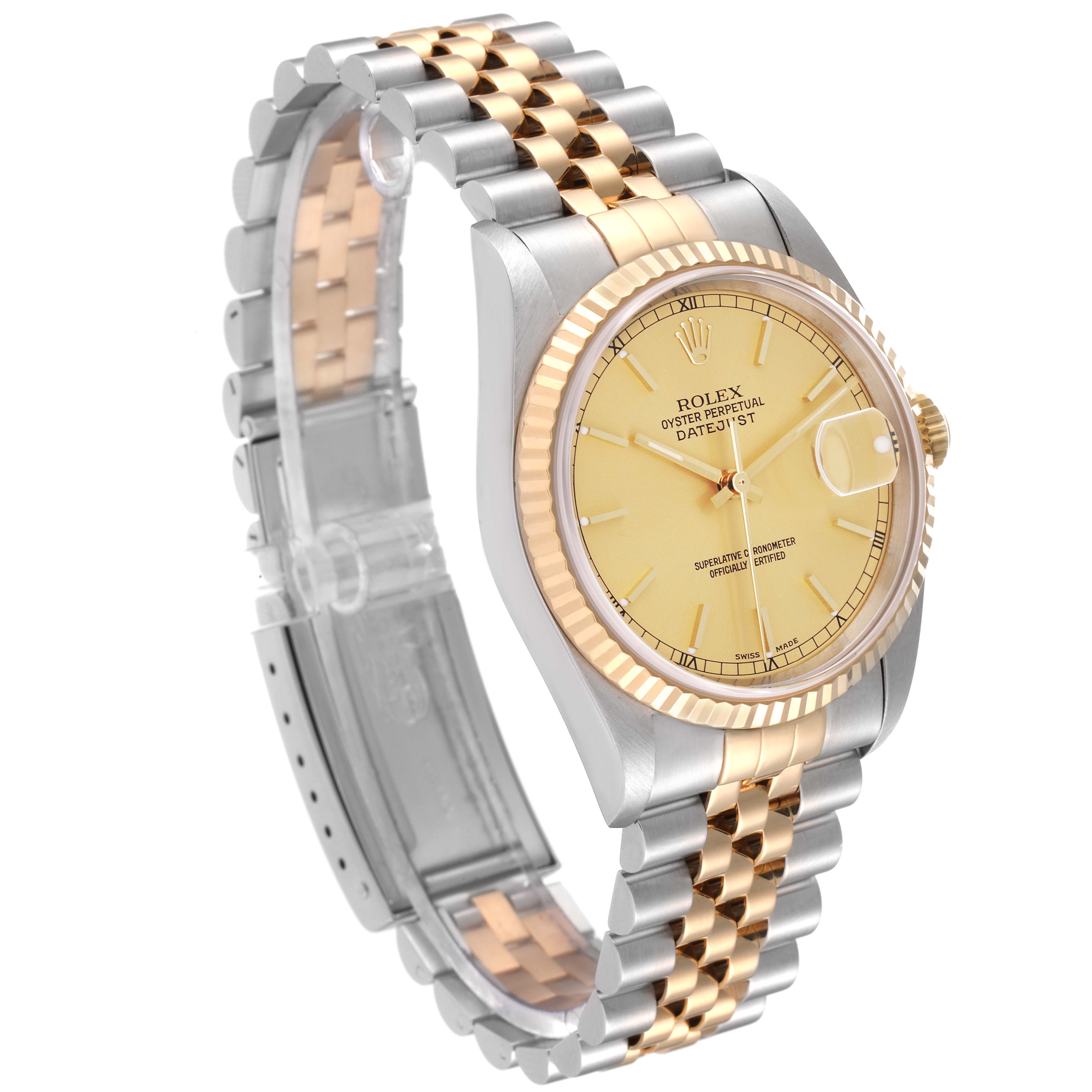 The image shows a side angle of a Rolex Datejust 16233 Men's Steel and Gold (two tone) Champagne Dial 16233 Men's Steel and Gold (two tone) Champagne Dial watch, displaying the dial, bezel, crown, and two-tone bracelet.