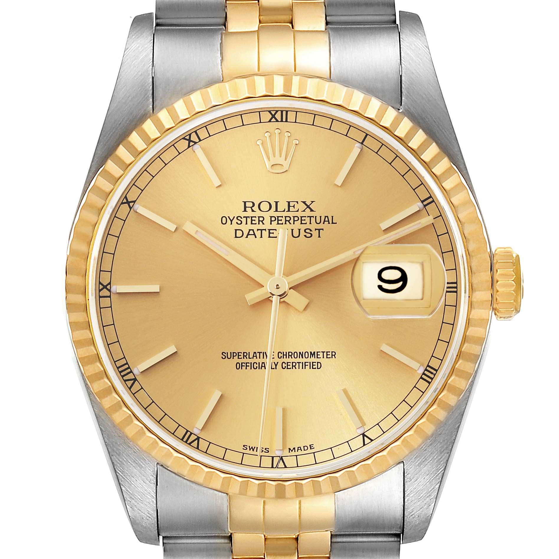 The image shows a Rolex Datejust 16233 Men's Steel and Gold (two tone) Champagne Dial 16233 Men's Steel and Gold (two tone) Champagne Dial watch's face, bezel, and bracelet at a front angle.