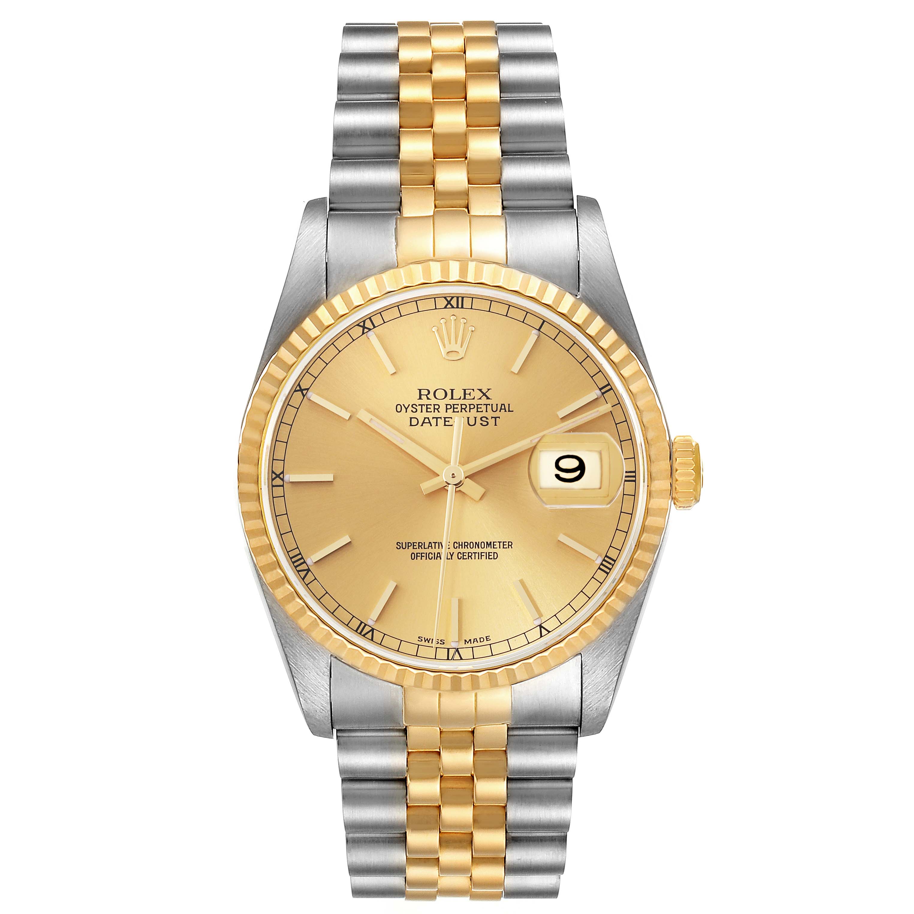 This image shows a Rolex Datejust 16233 Men's Steel and Gold (two tone) Champagne Dial 16233 Men's Steel and Gold (two tone) Champagne Dial watch from a top-down angle, highlighting the gold and silver bracelet and the date display at 3 o'clock.