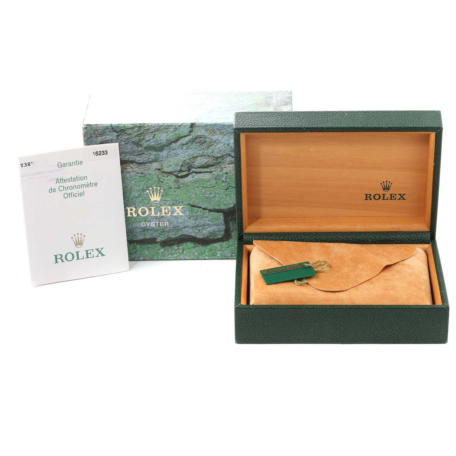 The image shows the packaging and accessories for a Rolex Datejust 16233 Men's Steel and Gold (two tone) Champagne Dial 16233 Men's Steel and Gold (two tone) Champagne Dial model, including the box, warranty card, and watch pouch.