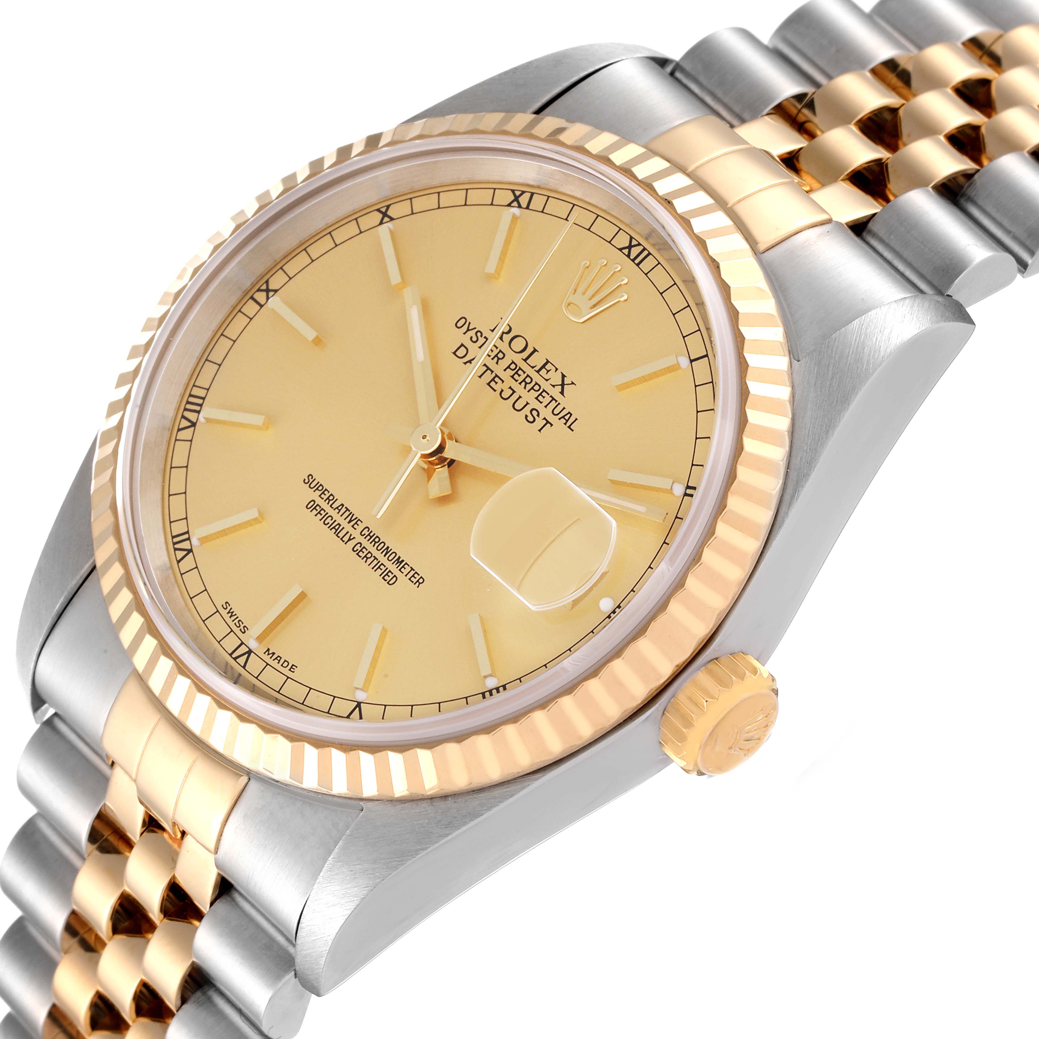 This image shows a close-up angled view of a Rolex Datejust 16233 Men's Steel and Gold (two tone) Champagne Dial 16233 Men's Steel and Gold (two tone) Champagne Dial watch, including its gold face, fluted bezel, date magnifier, and two-tone bracelet.