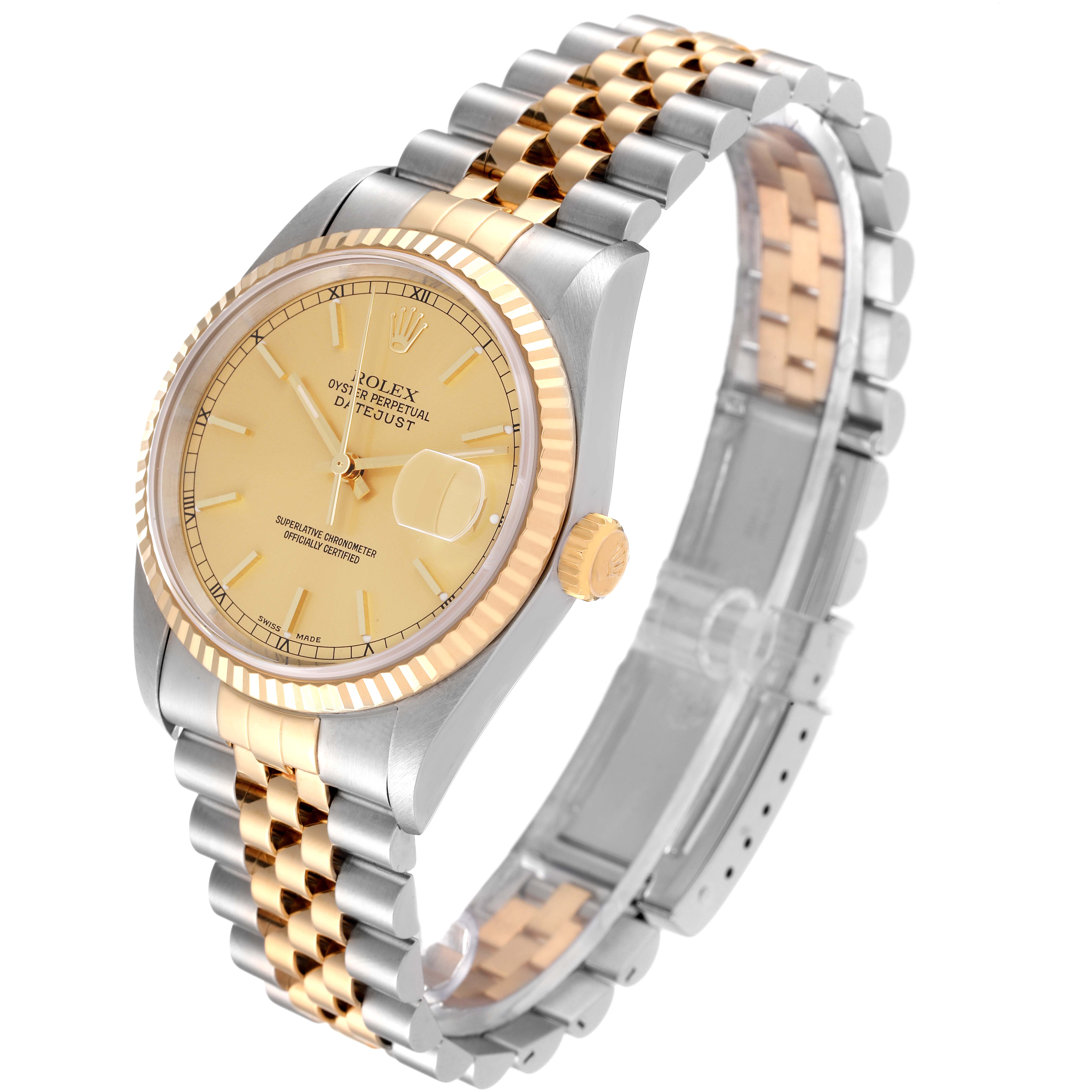 The image shows a side angle of the Rolex Datejust 16233 Men's Steel and Gold (two tone) Champagne Dial 16233 Men's Steel and Gold (two tone) Champagne Dial watch, highlighting its dial, fluted bezel, crown, and two-tone bracelet.