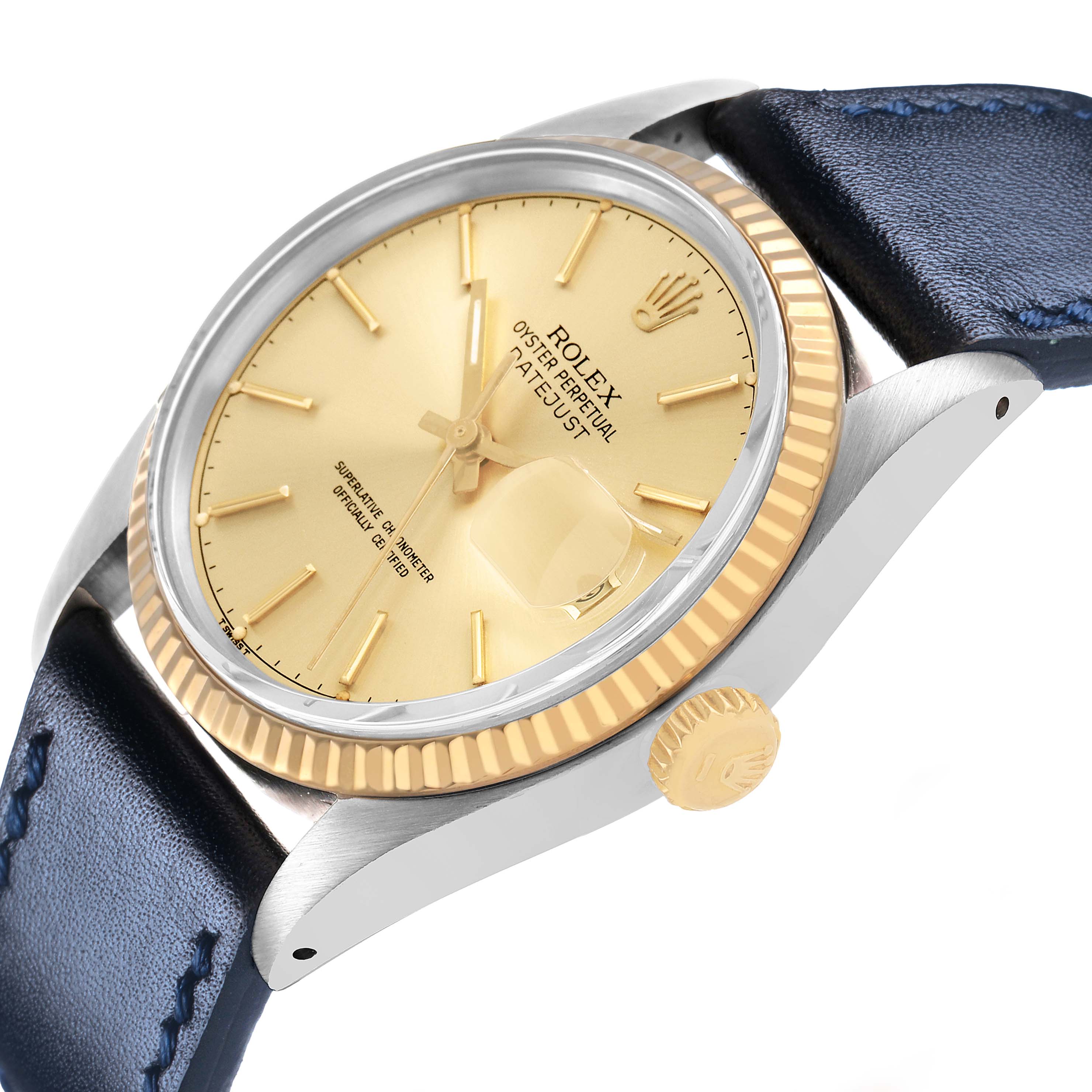 The Rolex Datejust 16013 Men's Steel and Gold (two tone) Champagne Dial watch is shown at a three-quarter angle, highlighting the dial, bezel, crown, and blue leather strap.