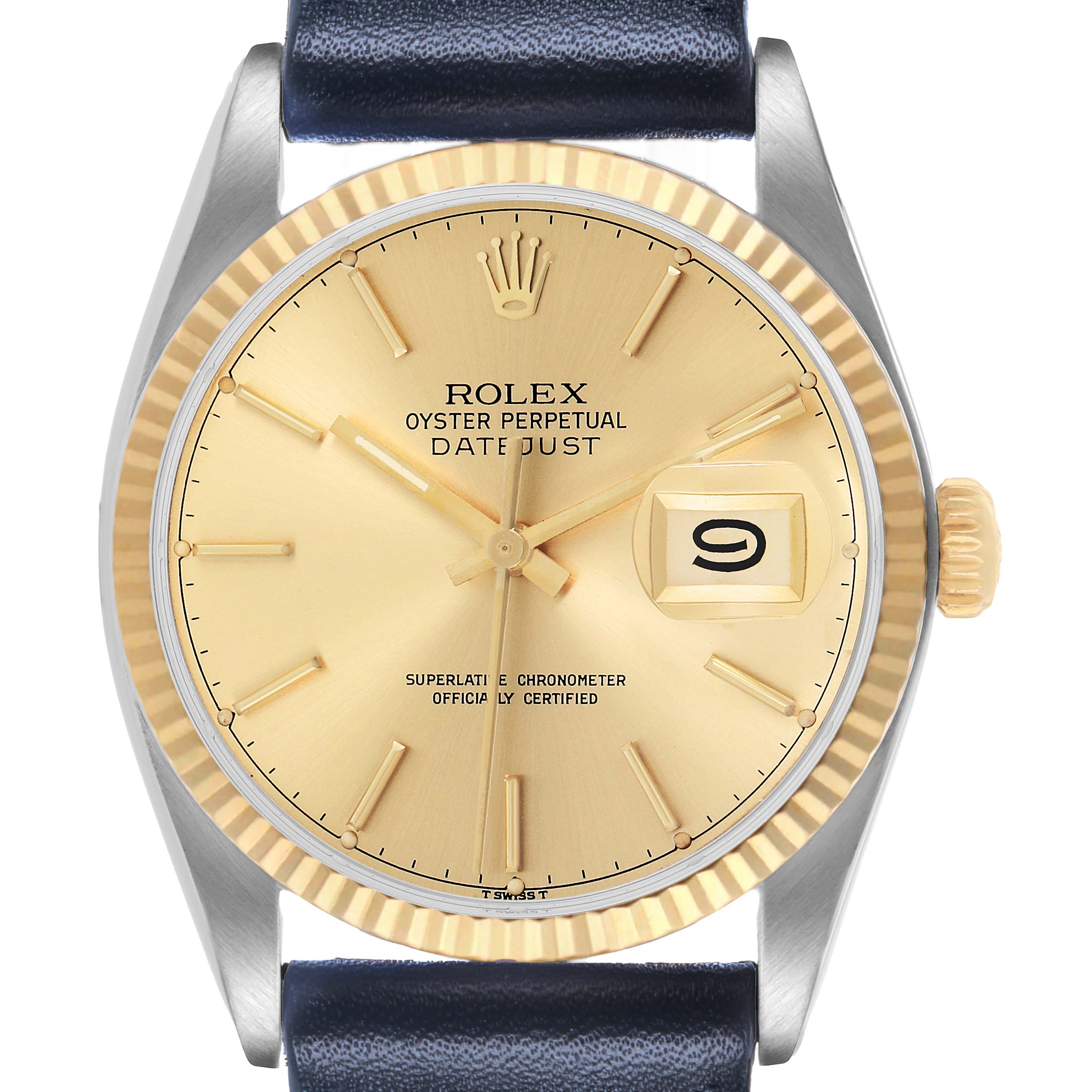 The Rolex Datejust 16013 Men's Steel and Gold (two tone) Champagne Dial watch is shown from the front, highlighting the dial, bezel, crown, and strap connection.