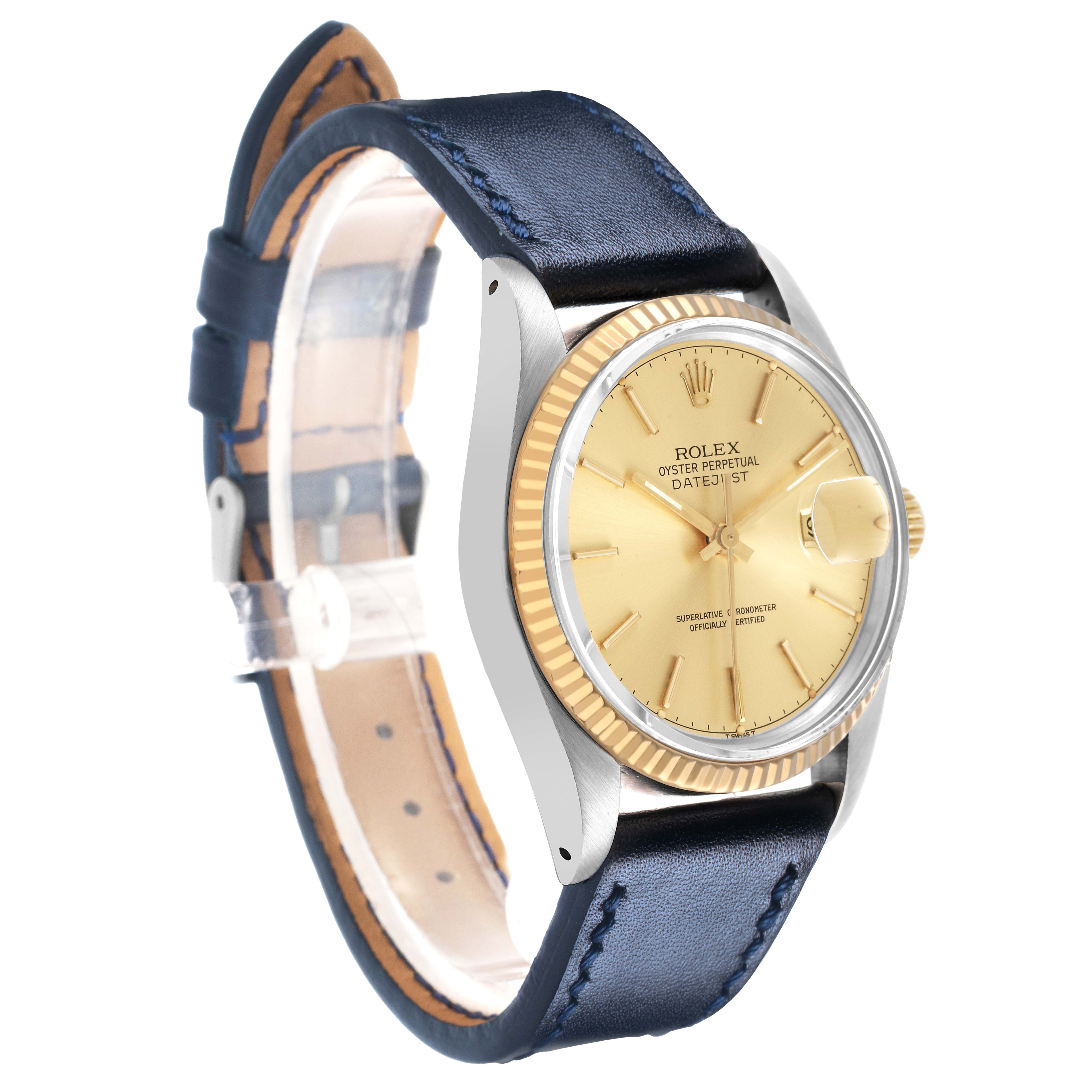 The image shows a side angle of a Rolex Datejust 16013 Men's Steel and Gold (two tone) Champagne Dial watch, highlighting its gold dial, fluted bezel, and blue leather strap.