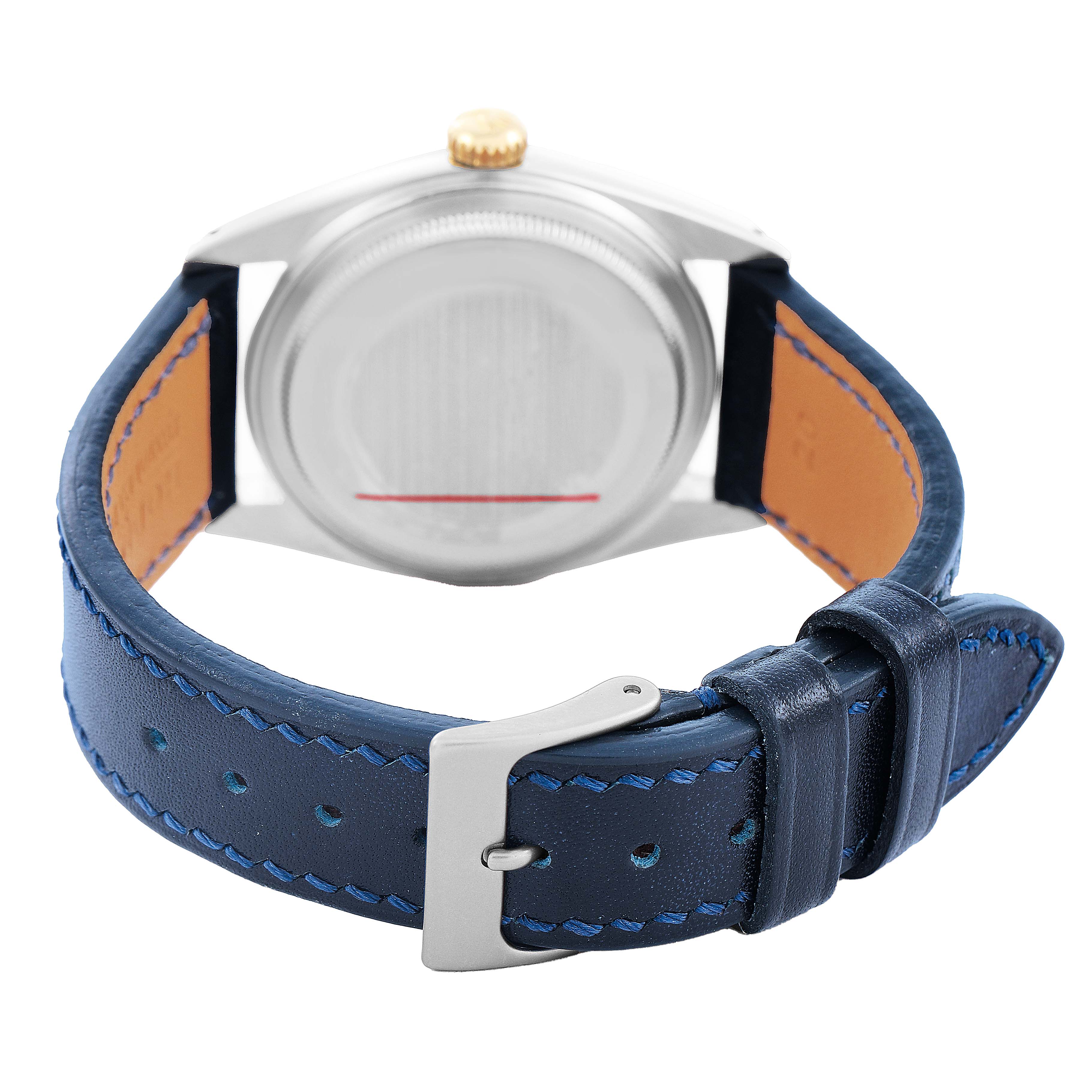 The image shows the back of a Rolex Datejust 16013 Men's Steel and Gold (two tone) Champagne Dial, featuring the case back and a blue leather strap with a metal buckle.