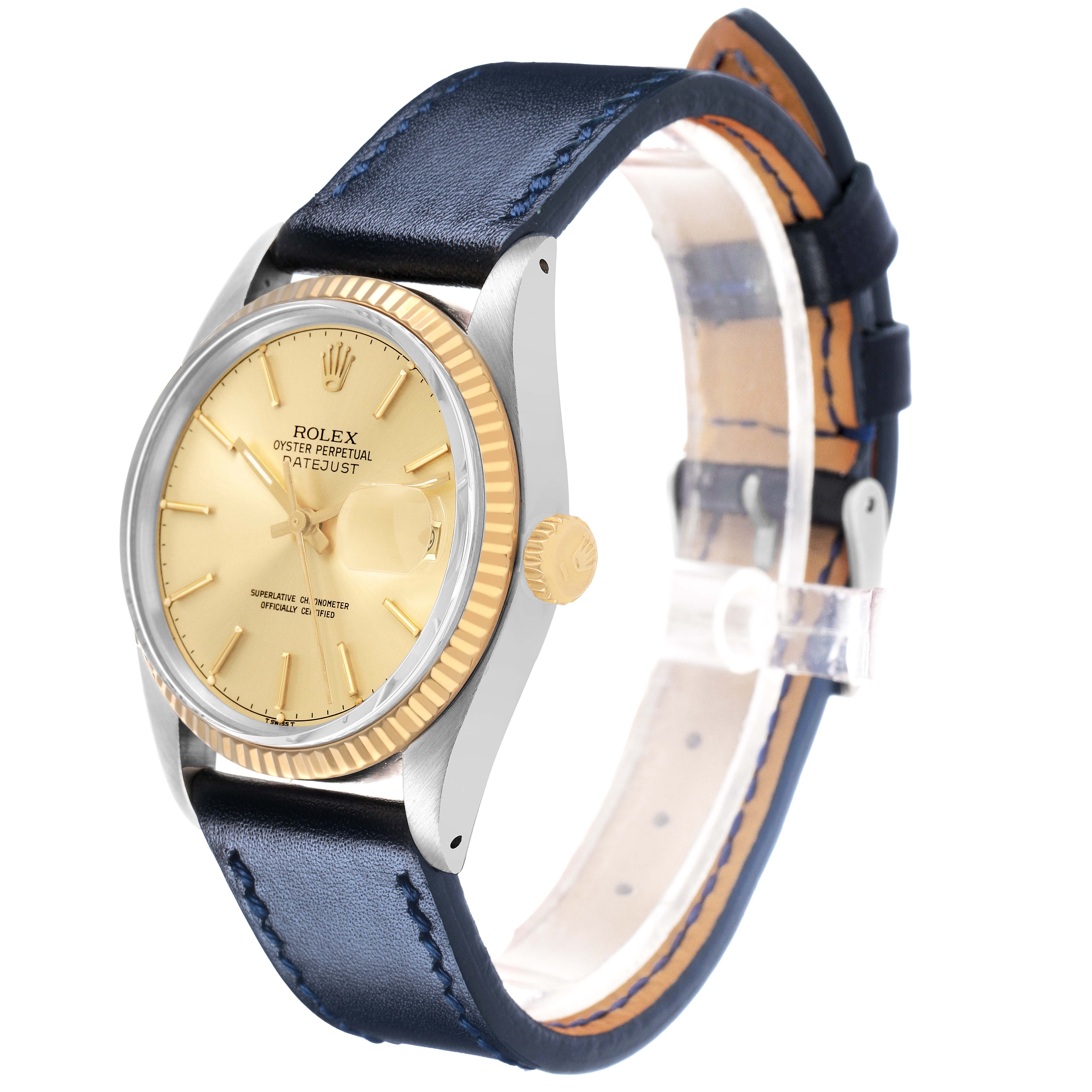 The Rolex Datejust 16013 Men's Steel and Gold (two tone) Champagne Dial watch is shown at a side angle, highlighting its gold dial, fluted bezel, and black leather strap.