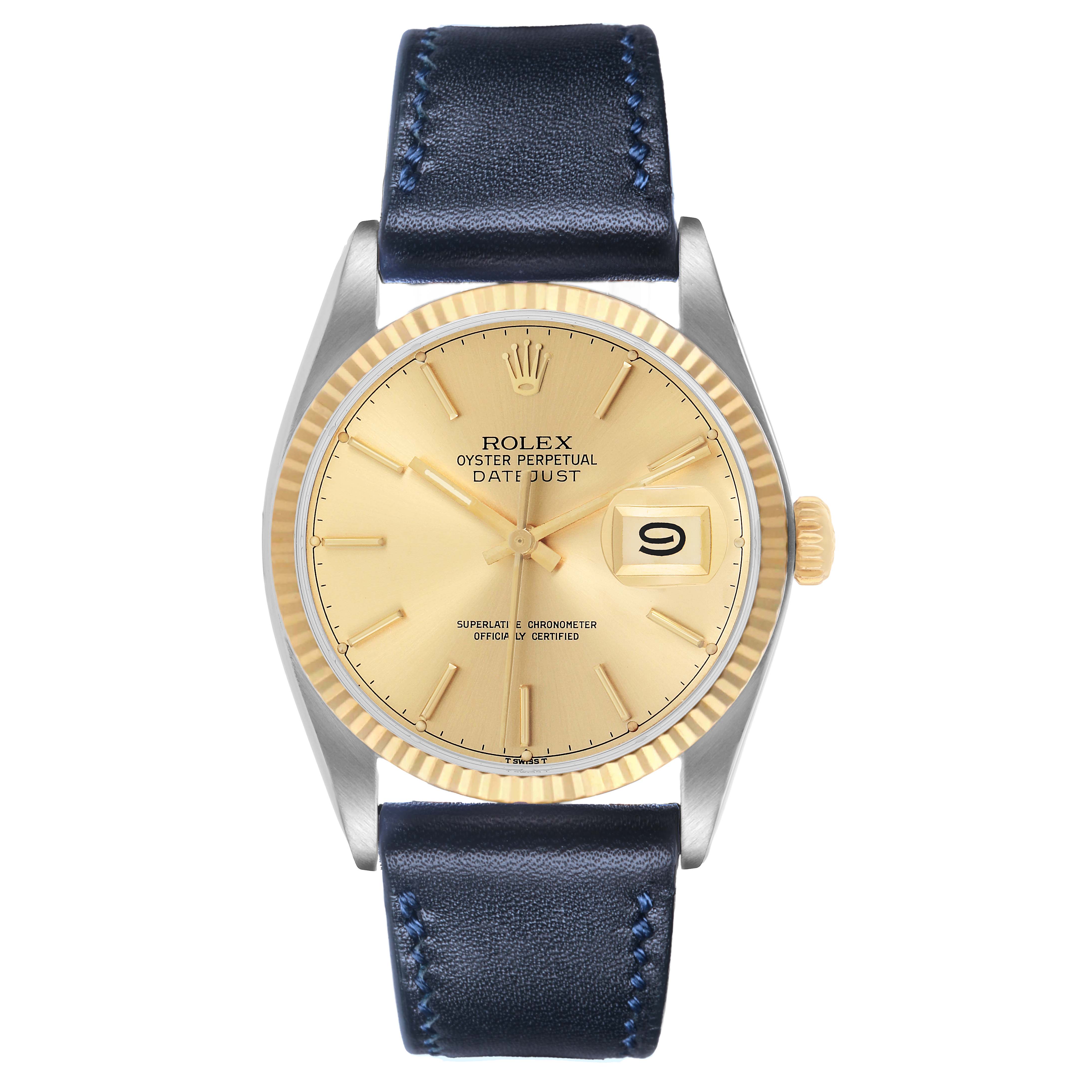 The Rolex Datejust 16013 Men's Steel and Gold (two tone) Champagne Dial watch is shown from a top-down angle, displaying its dial, bezel, and leather strap.