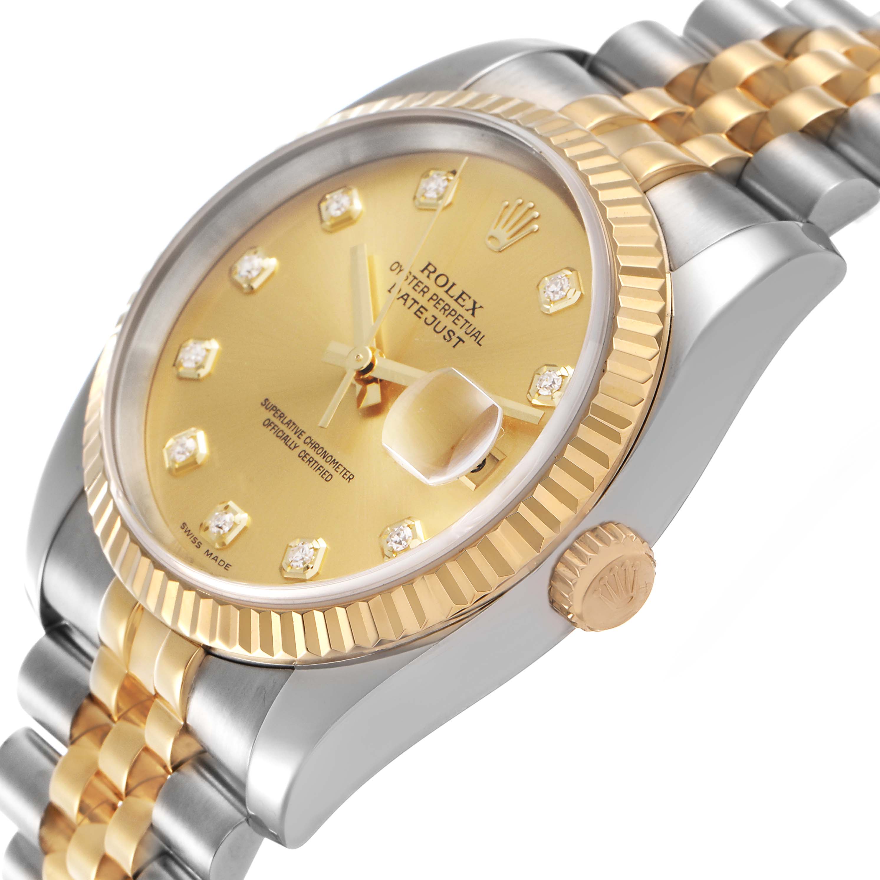 The Rolex Datejust 116233 Men's Stainless Steel Champagne Dial watch is shown from a side angle, highlighting the gold dial, fluted bezel, and stainless steel and gold jubilee bracelet.
