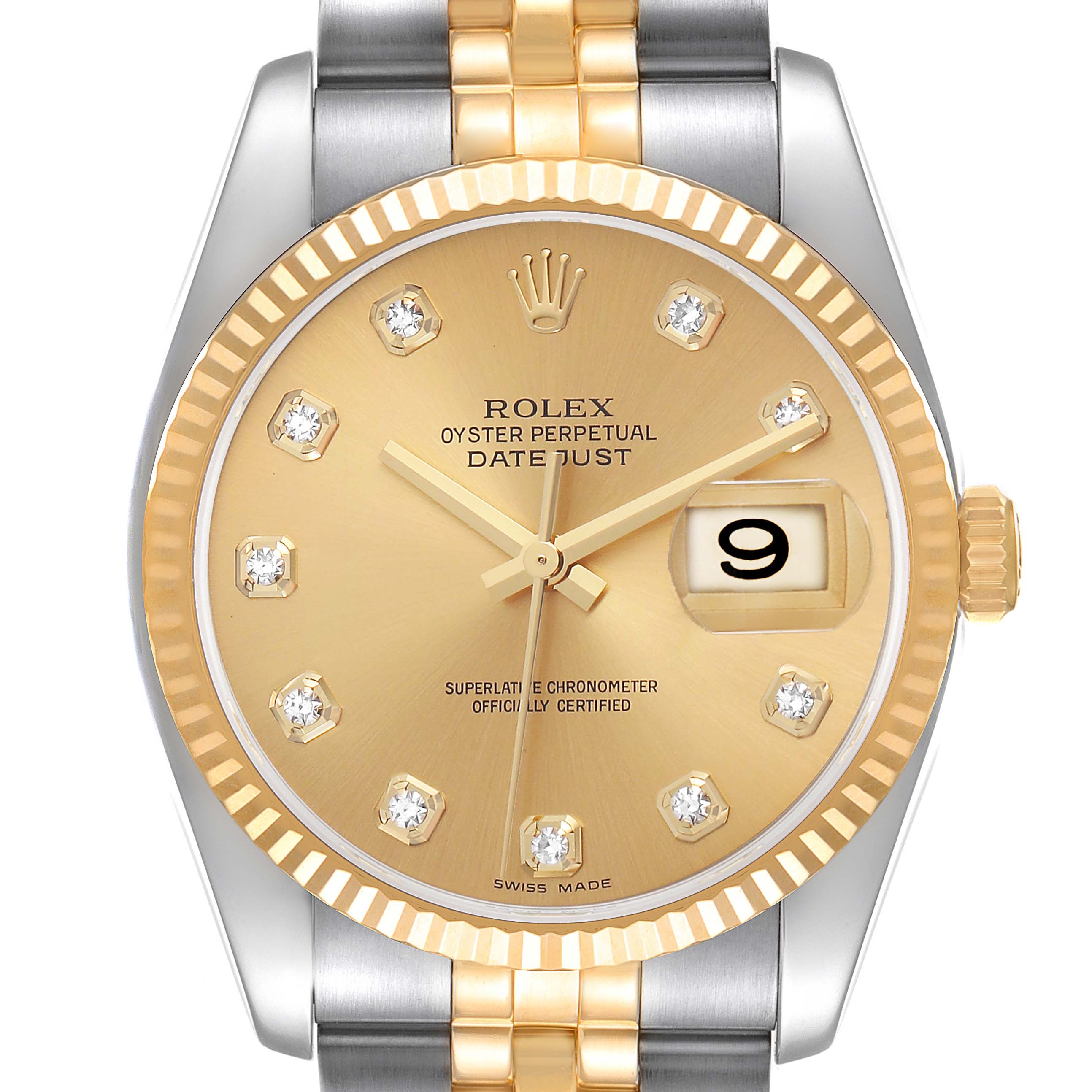 The Rolex Datejust 116233 Men's Stainless Steel Champagne Dial watch is shown from a front angle, highlighting the gold face, diamond markers, and gold and stainless steel bracelet.