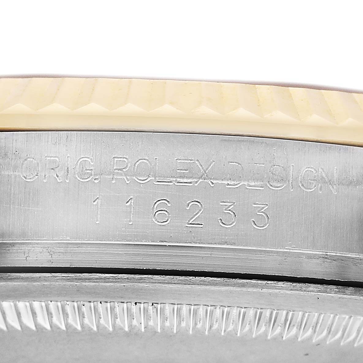 The image shows a close-up of the side engraving on a Rolex Datejust 116233 Men's Stainless Steel Champagne Dial, including the model number 116233.
