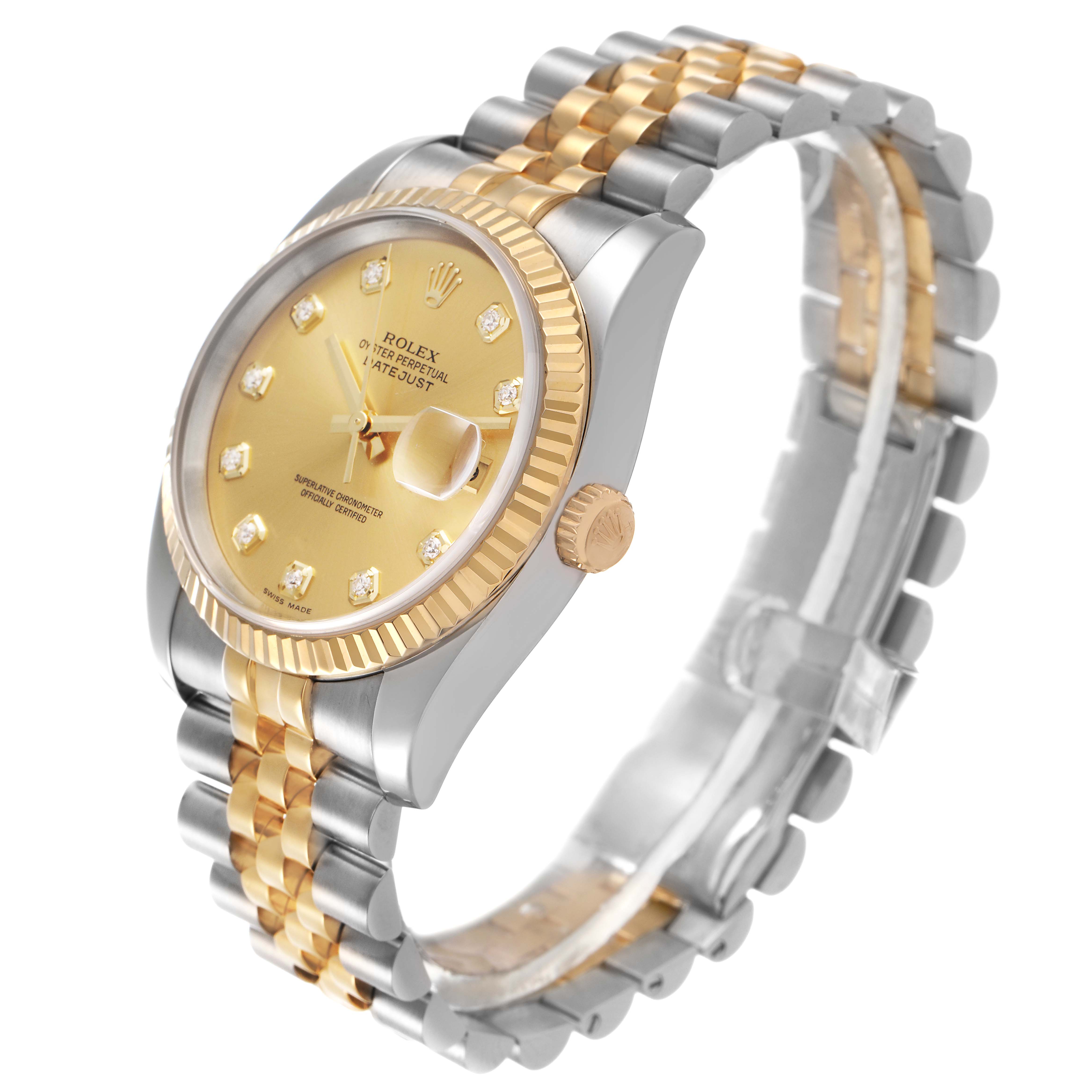 The Rolex Datejust 116233 Men's Stainless Steel Champagne Dial watch is shown at an angle highlighting the face, bezel, and bracelet.
