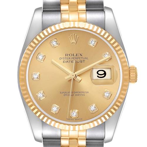 The Rolex Datejust 116233 Men's Stainless Steel Champagne Dial watch is shown from a front angle, displaying the dial, bezel, and part of the bracelet.