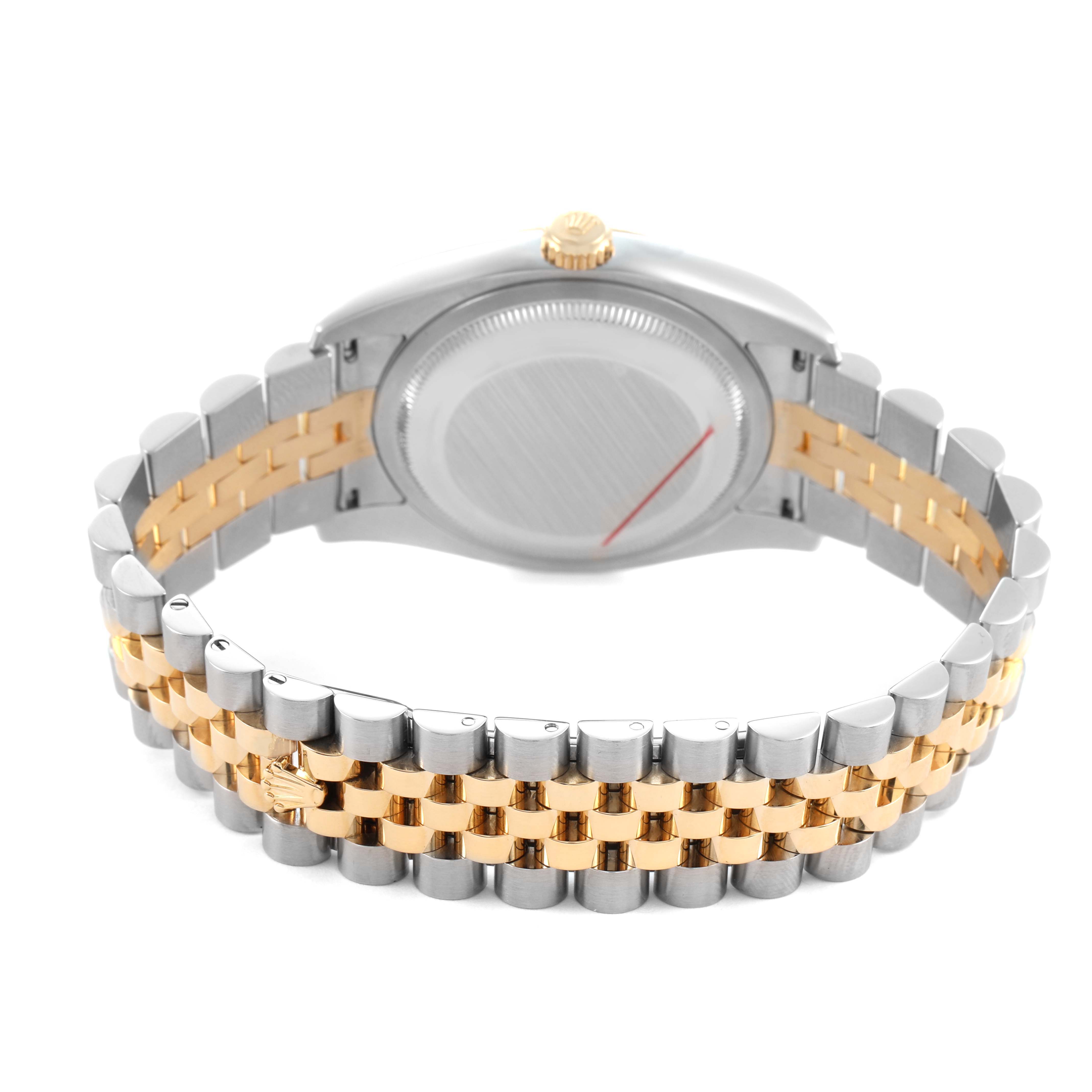 The image shows the back of a Rolex Datejust 116233 Men's Stainless Steel Champagne Dial watch, highlighting the case back and the two-tone bracelet with a Jubilee pattern.