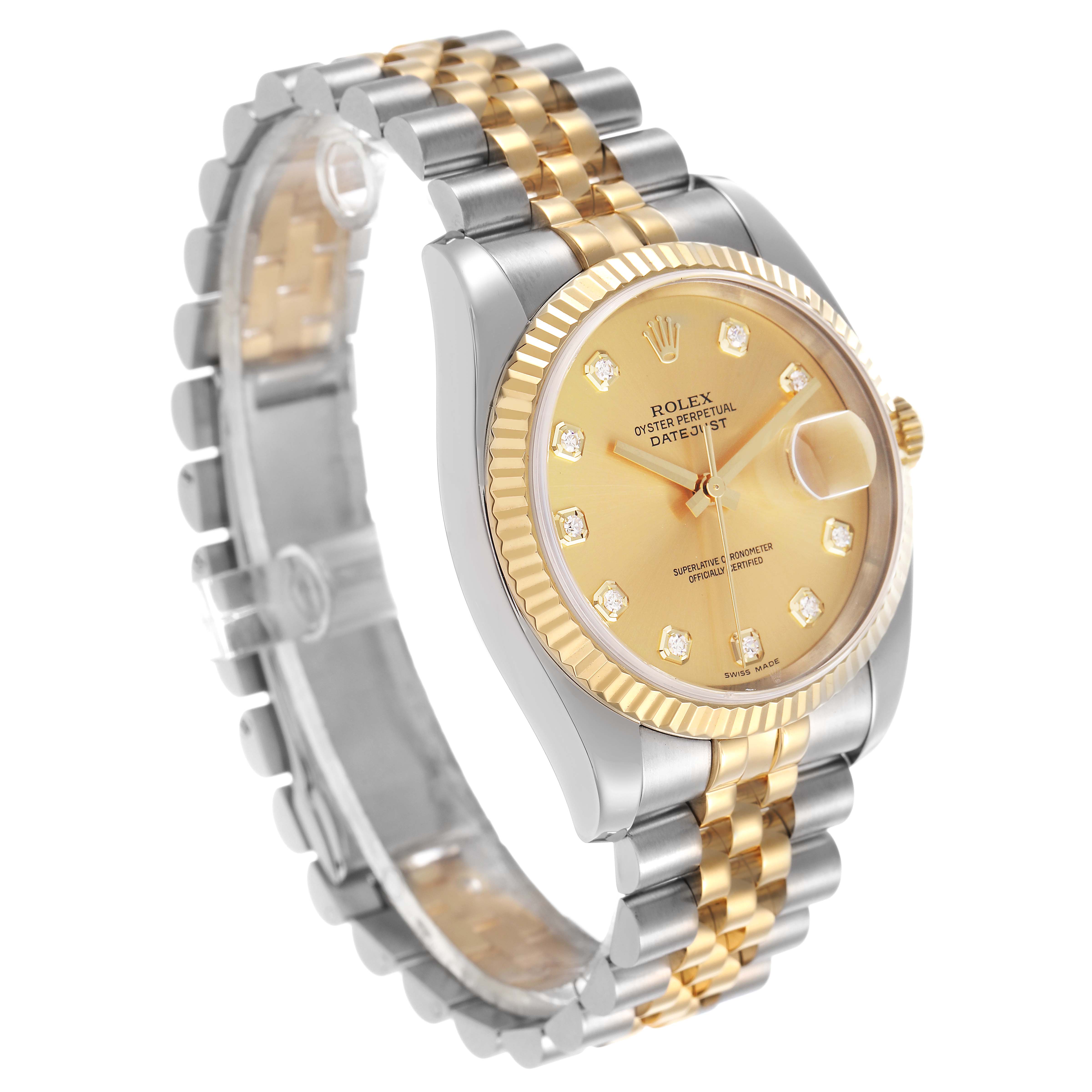 The Rolex Datejust 116233 Men's Stainless Steel Champagne Dial watch is shown at an angled front view, displaying its dial, bezel, and two-tone bracelet.