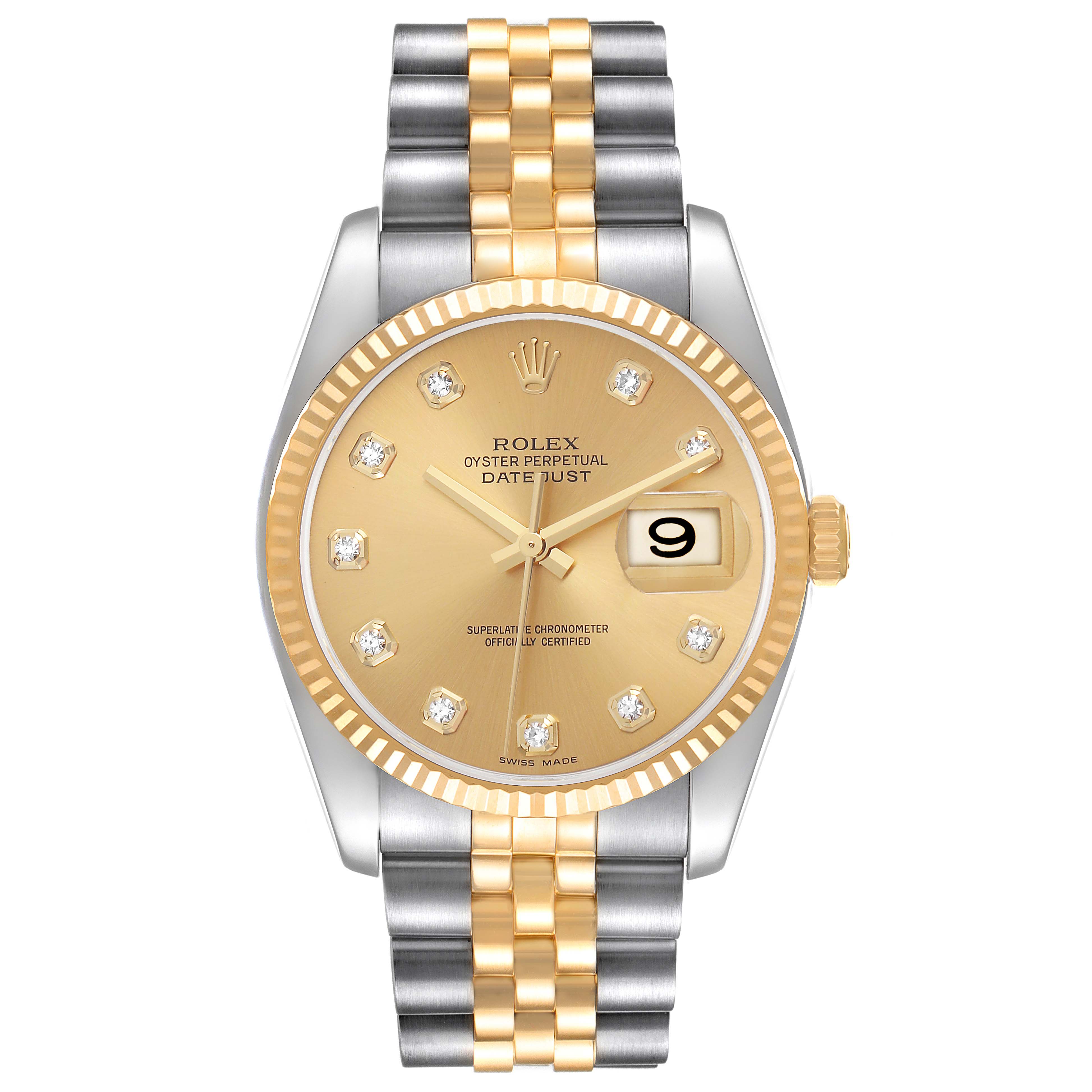 The Rolex Datejust 116233 Men's Stainless Steel Champagne Dial watch is shown from a top view, displaying the dial, bezel, and Jubilee bracelet.