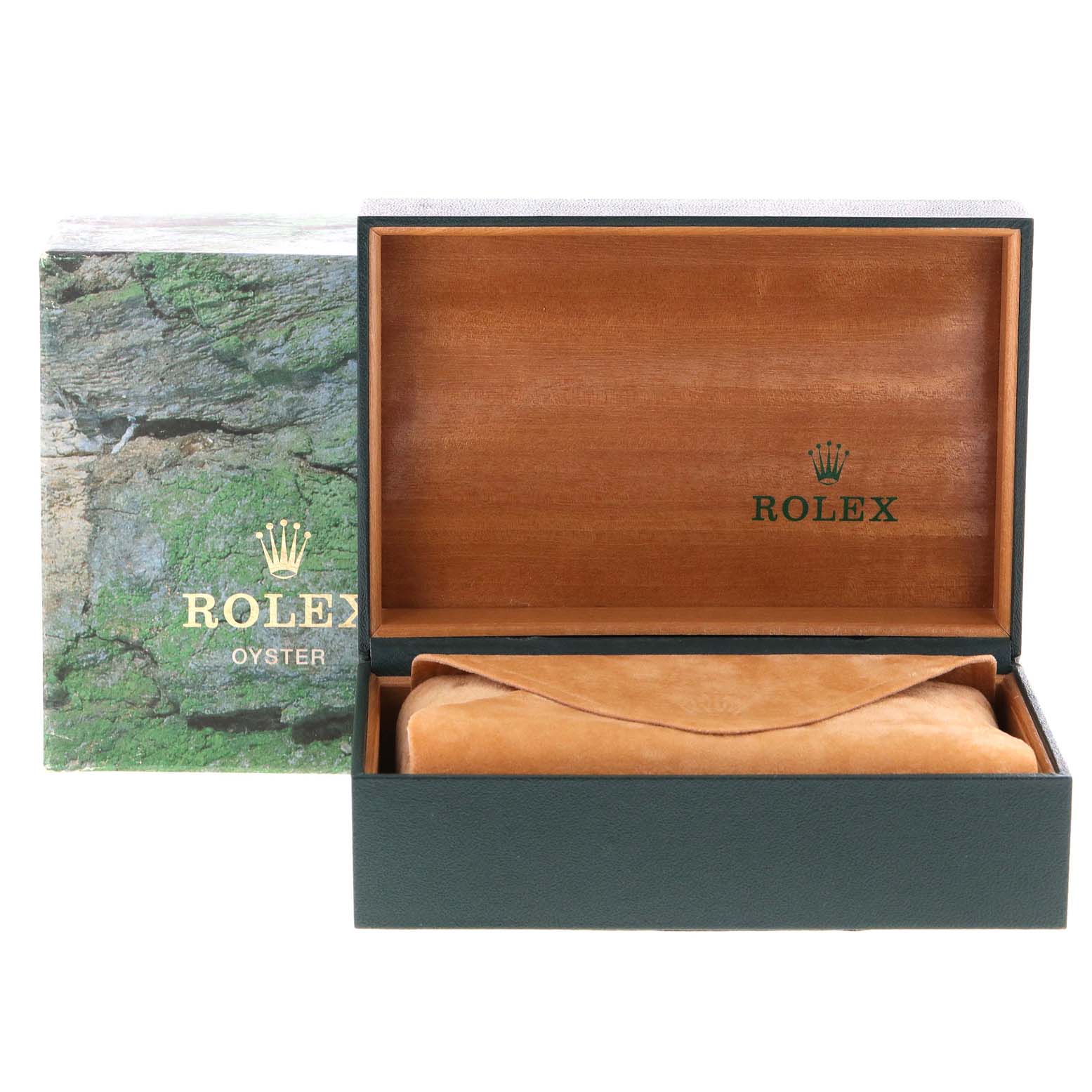 The image shows an open Rolex Datejust 16233 Men's Steel and Gold (two tone) Champagne Dial 16233 Men's Steel and Gold (two tone) Champagne Dial watch box, revealing a suede pouch inside.