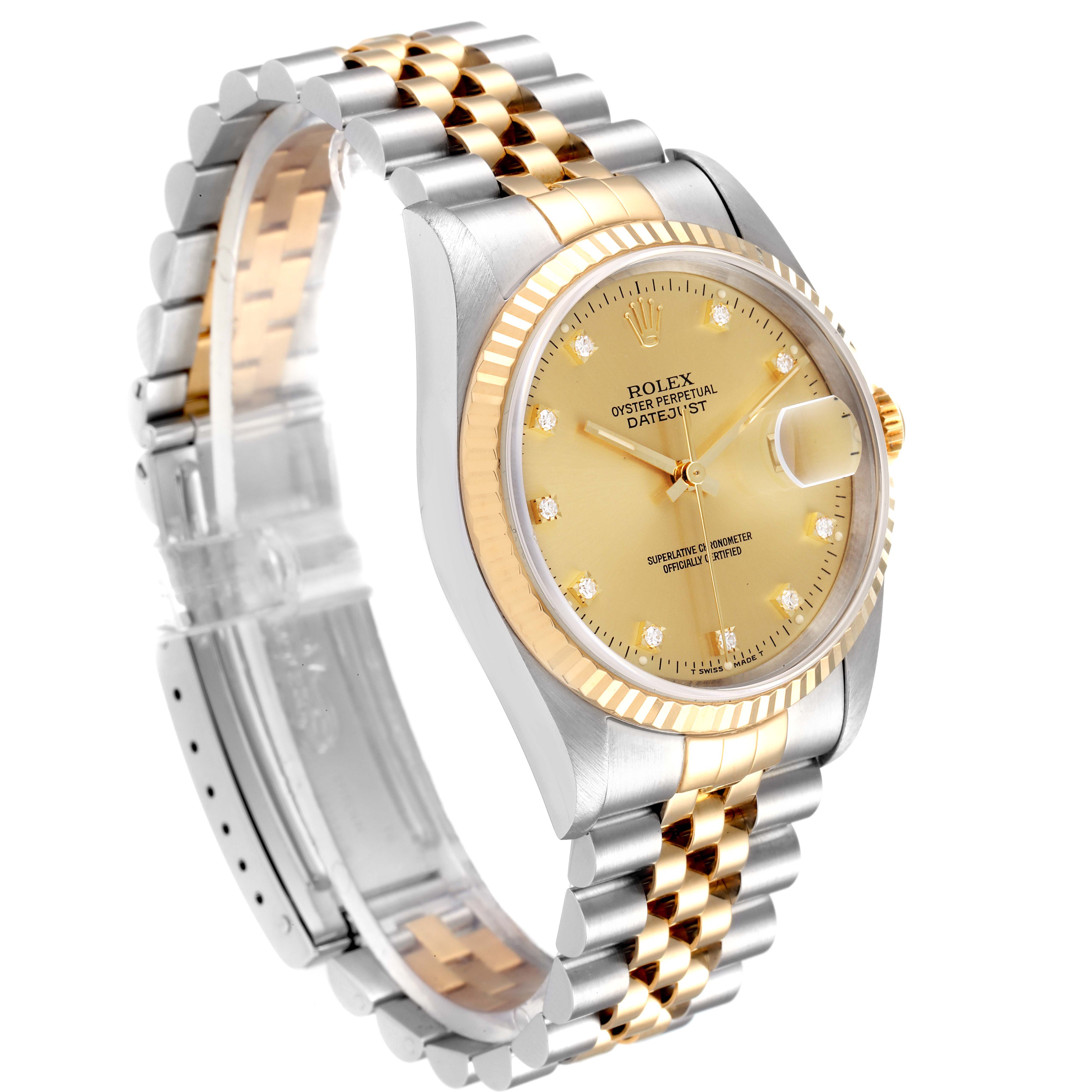 The image shows a side view of a Rolex Datejust 16233 Men's Steel and Gold (two tone) Champagne Dial 16233 Men's Steel and Gold (two tone) Champagne Dial watch, highlighting its dial, bezel, and jubilee bracelet.