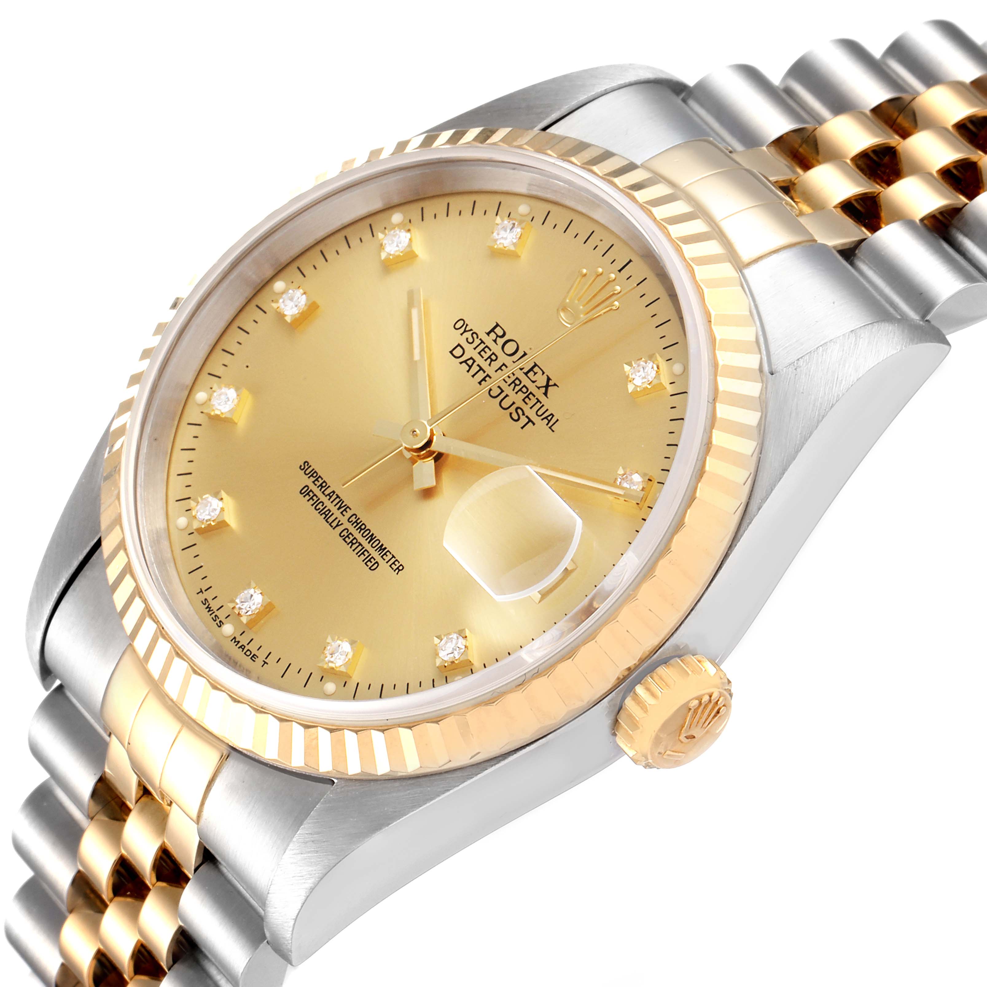 The image shows a Rolex Datejust 16233 Men's Steel and Gold (two tone) Champagne Dial 16233 Men's Steel and Gold (two tone) Champagne Dial watch at a slight angle, highlighting its dial, fluted bezel, and two-tone bracelet.