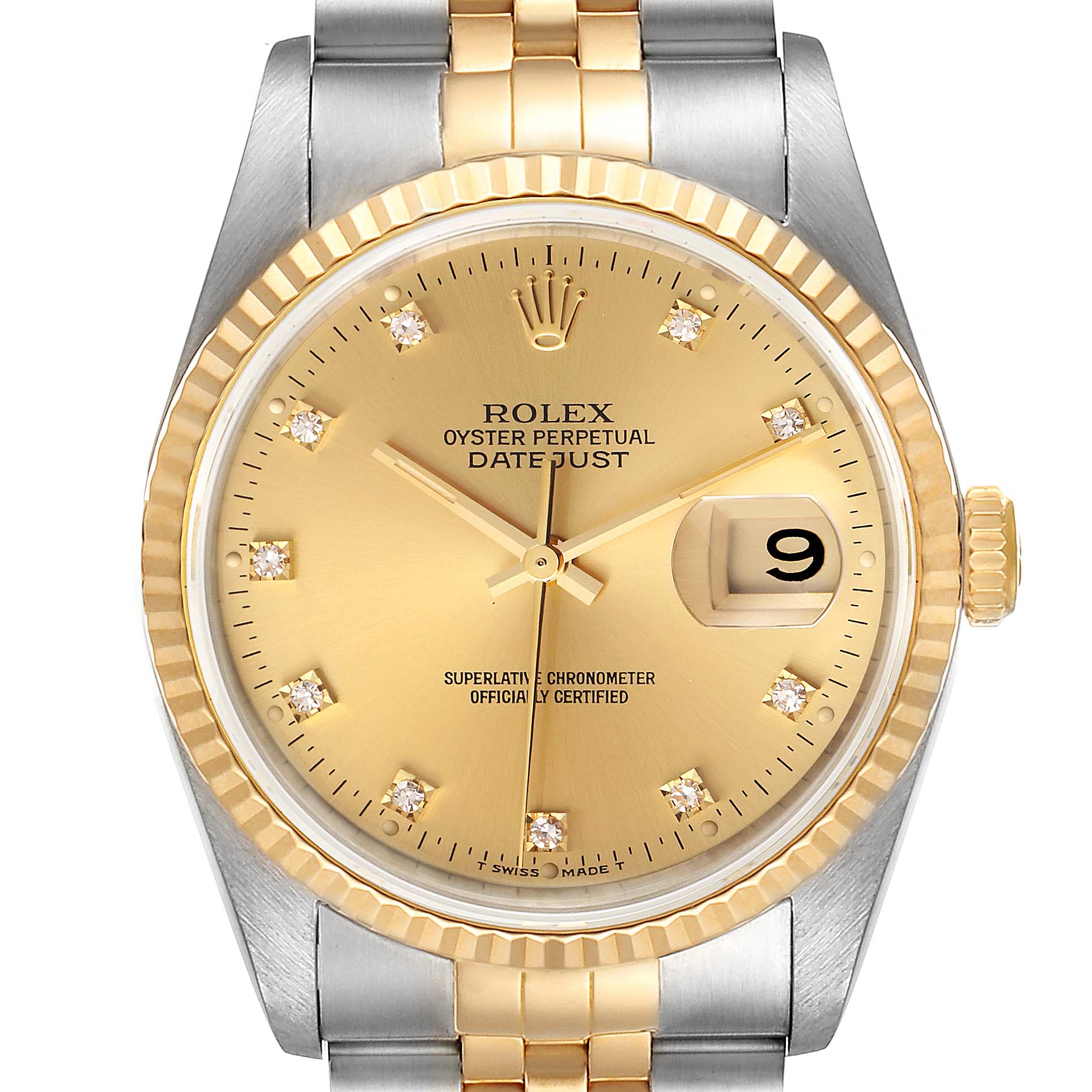 The image shows a front view of a Rolex Datejust 16233 Men's Steel and Gold (two tone) Champagne Dial 16233 Men's Steel and Gold (two tone) Champagne Dial watch, displaying its gold dial, date window, and two-tone bracelet.