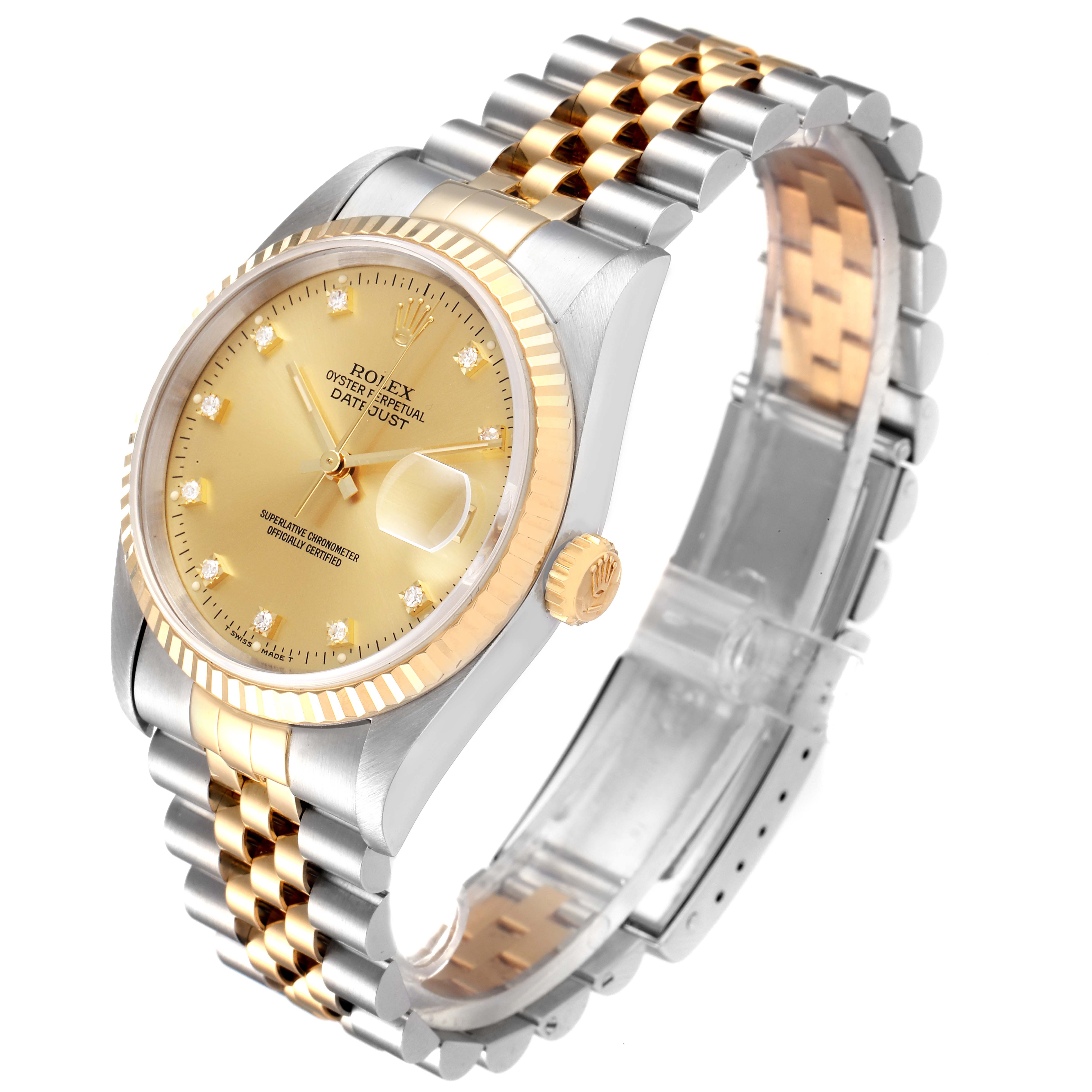 This image shows a Rolex Datejust 16233 Men's Steel and Gold (two tone) Champagne Dial 16233 Men's Steel and Gold (two tone) Champagne Dial watch at a three-quarter angle, highlighting its dial, bezel, crown, and bracelet.