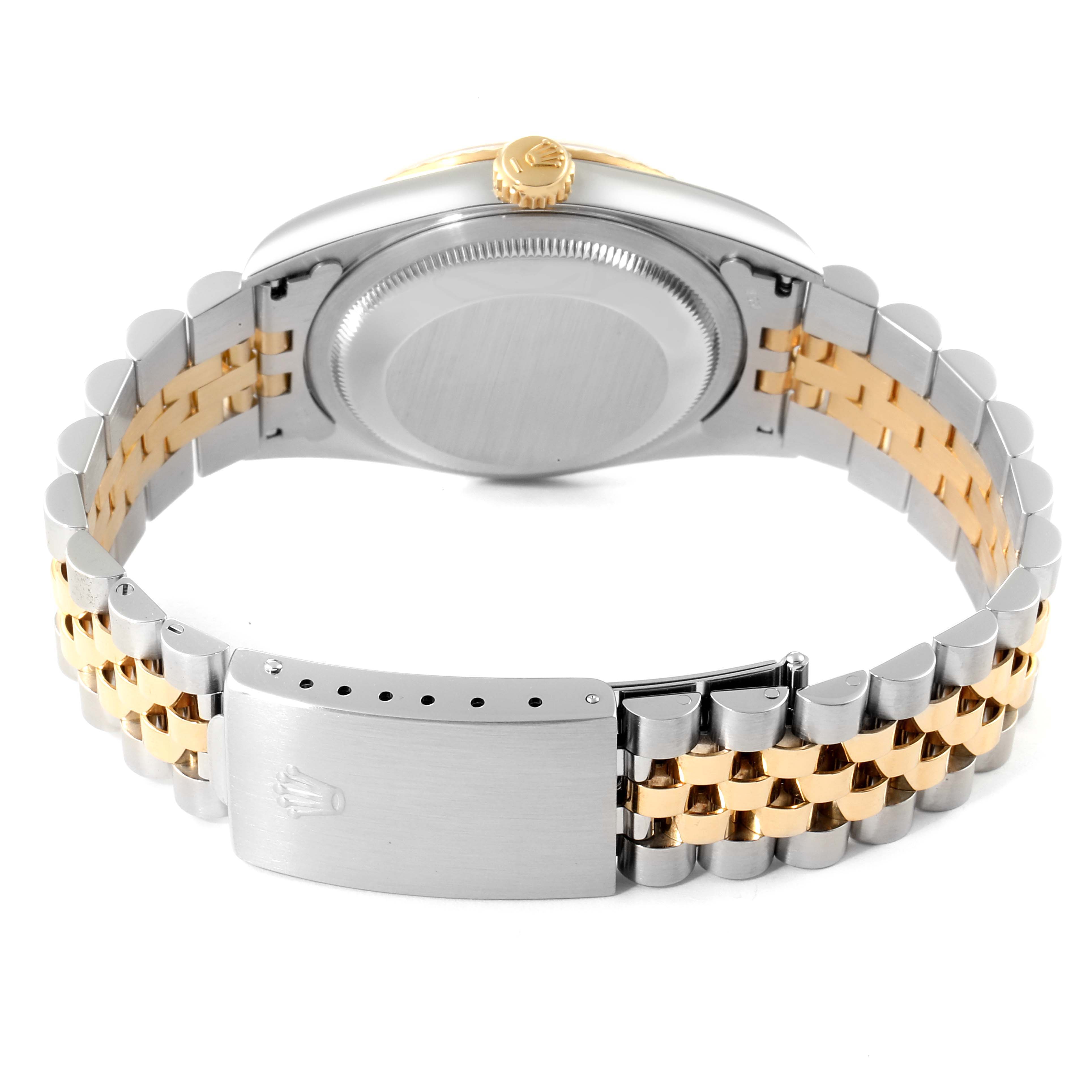 This image shows the back case, crown, and bi-tone jubilee bracelet of a Rolex Datejust 16233 Men's Steel and Gold (two tone) Champagne Dial 16233 Men's Steel and Gold (two tone) Champagne Dial watch.