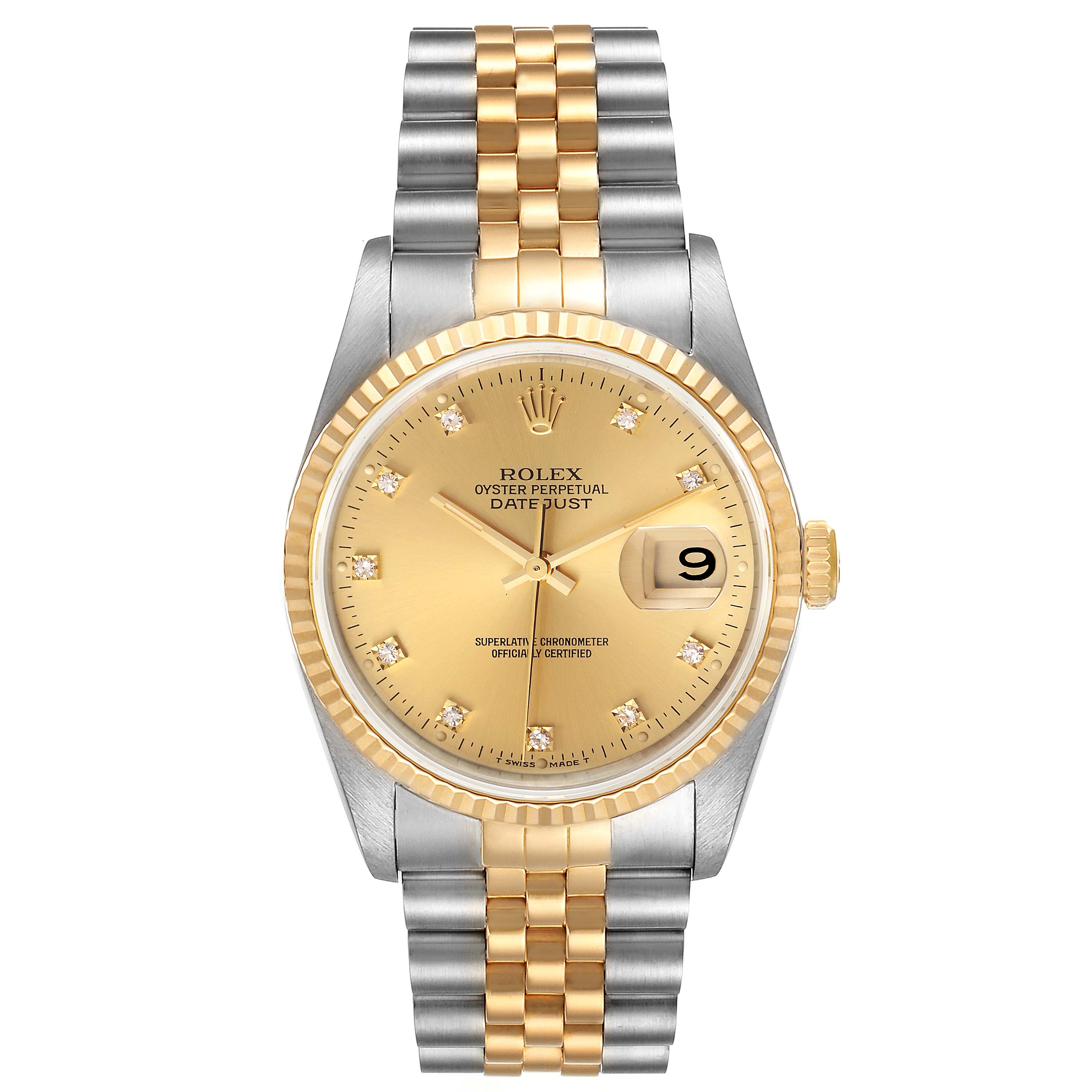 The image shows a frontal view of a Rolex Datejust 16233 Men's Steel and Gold (two tone) Champagne Dial 16233 Men's Steel and Gold (two tone) Champagne Dial watch with a two-tone gold and silver bracelet, gold dial, and date display.