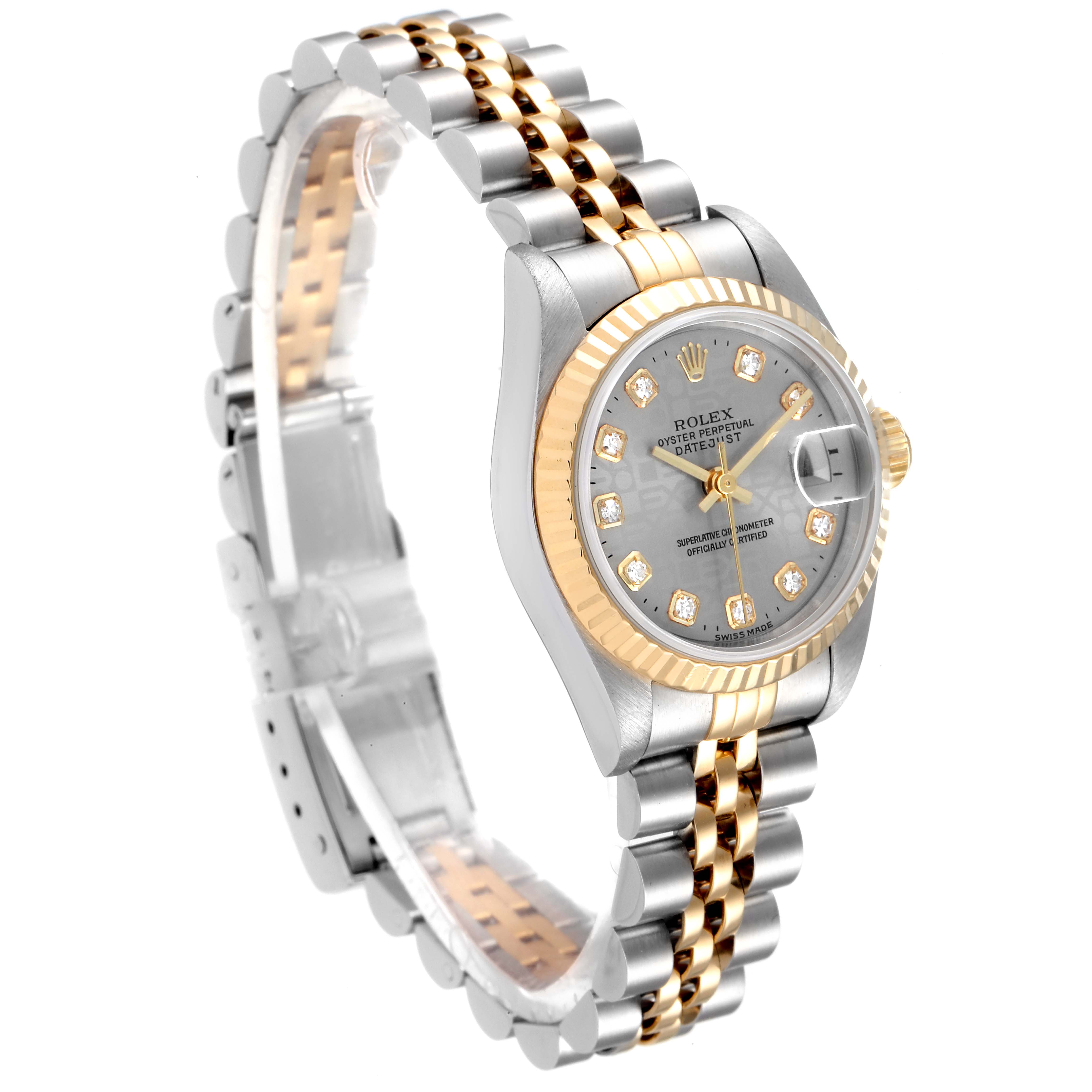 This image shows a side and front angle of a Rolex Datejust 69173 Women
s Steel and Gold (two tone) Grey Dial 69173 Women
s Steel and Gold (two tone) Grey Dial watch, featuring its dial, bezel, and bracelet.