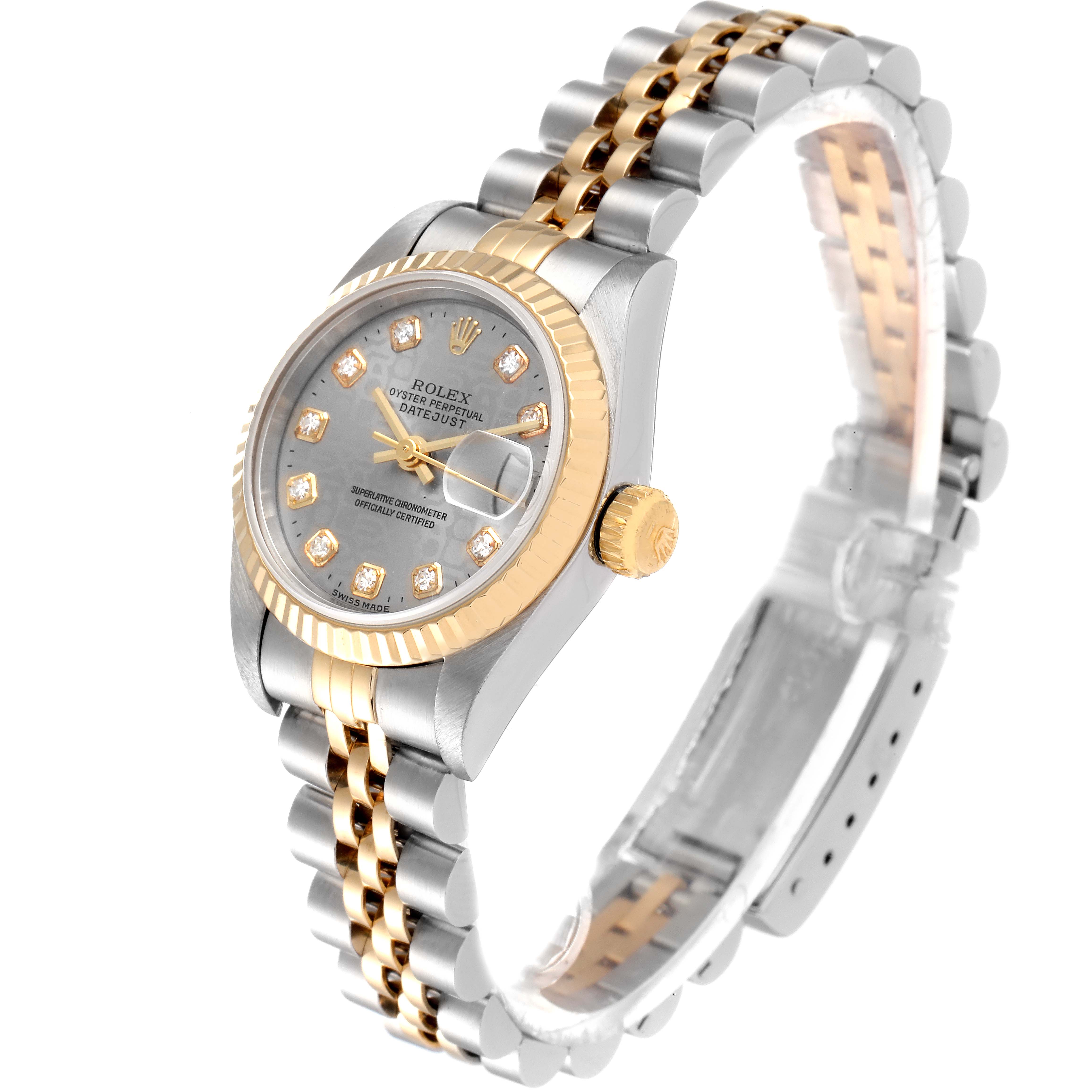 The Rolex Datejust 69173 Women
s Steel and Gold (two tone) Grey Dial 69173 Women
s Steel and Gold (two tone) Grey Dial watch is shown at a slight angle, displaying the face, crown, bezel, and bracelet.