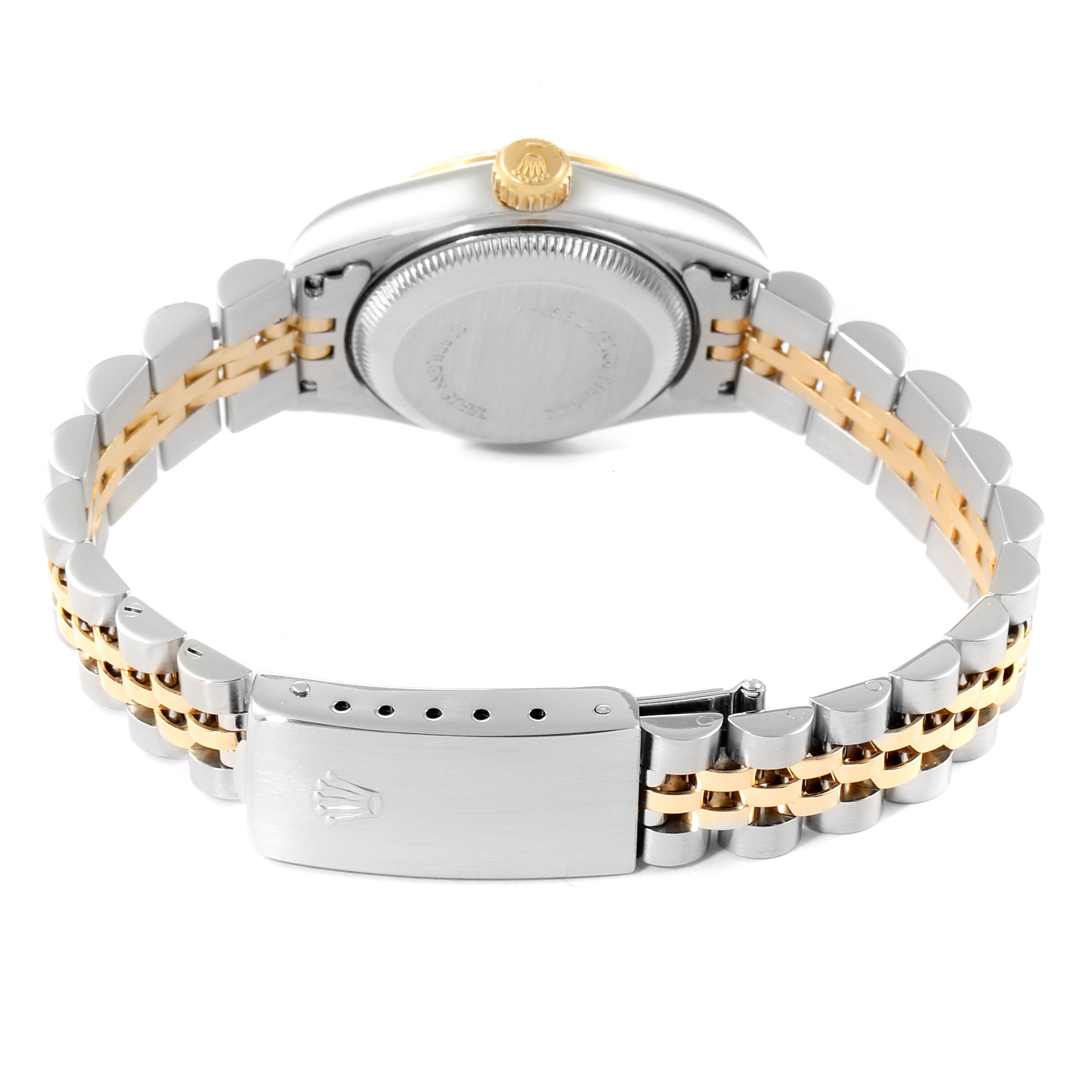 This image shows the back case and bracelet of a Rolex Datejust 69173 Women
s Steel and Gold (two tone) Grey Dial 69173 Women
s Steel and Gold (two tone) Grey Dial watch, prominently featuring the clasp and crown logo.