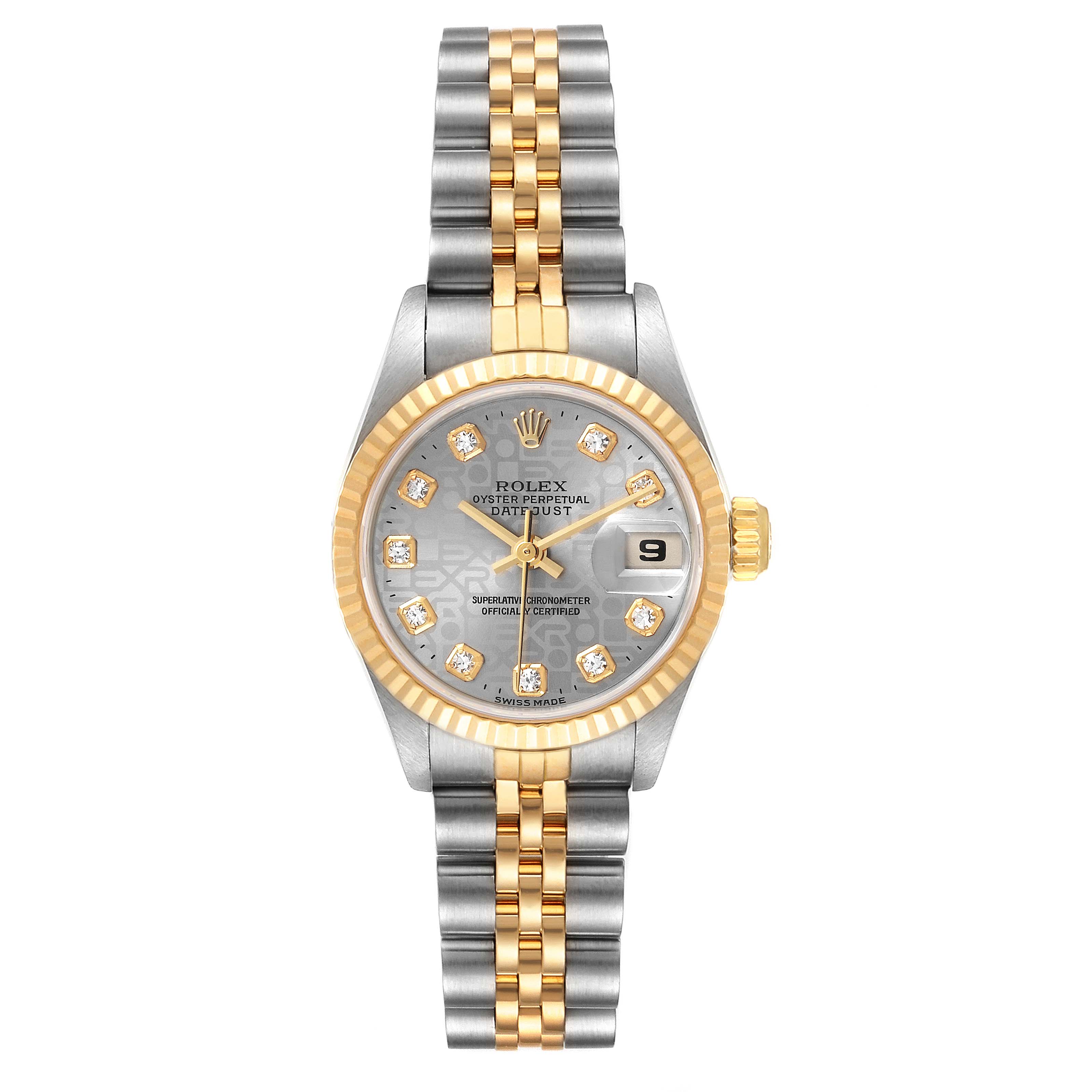 The image shows a front view of the Rolex Datejust 69173 Women
s Steel and Gold (two tone) Grey Dial 69173 Women
s Steel and Gold (two tone) Grey Dial watch, highlighting its two-tone bracelet, fluted bezel, and date window.