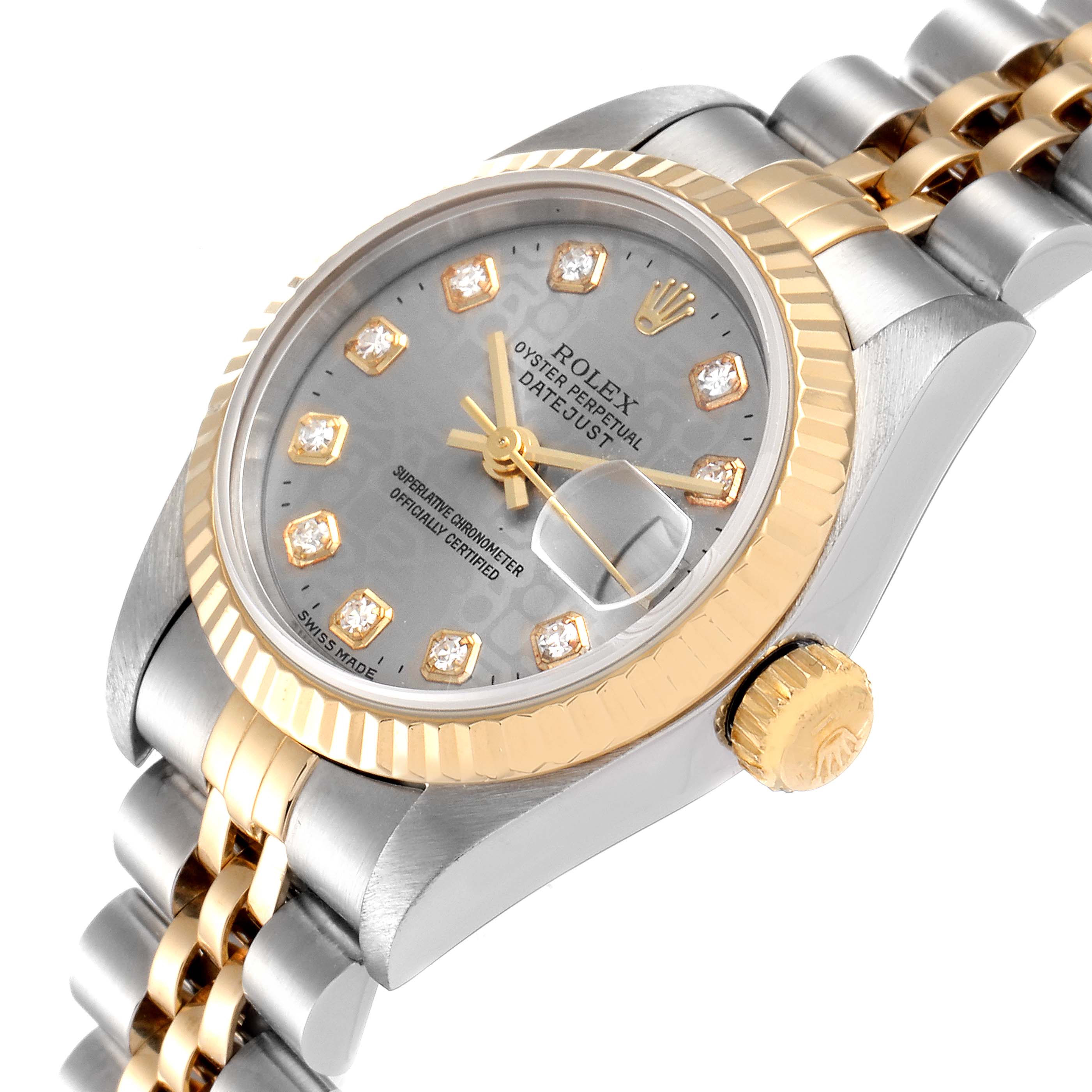 The image shows a close-up of a Rolex Datejust 69173 Women
s Steel and Gold (two tone) Grey Dial 69173 Women
s Steel and Gold (two tone) Grey Dial watch at an angle, highlighting the bezel, crown, and jubilee bracelet.