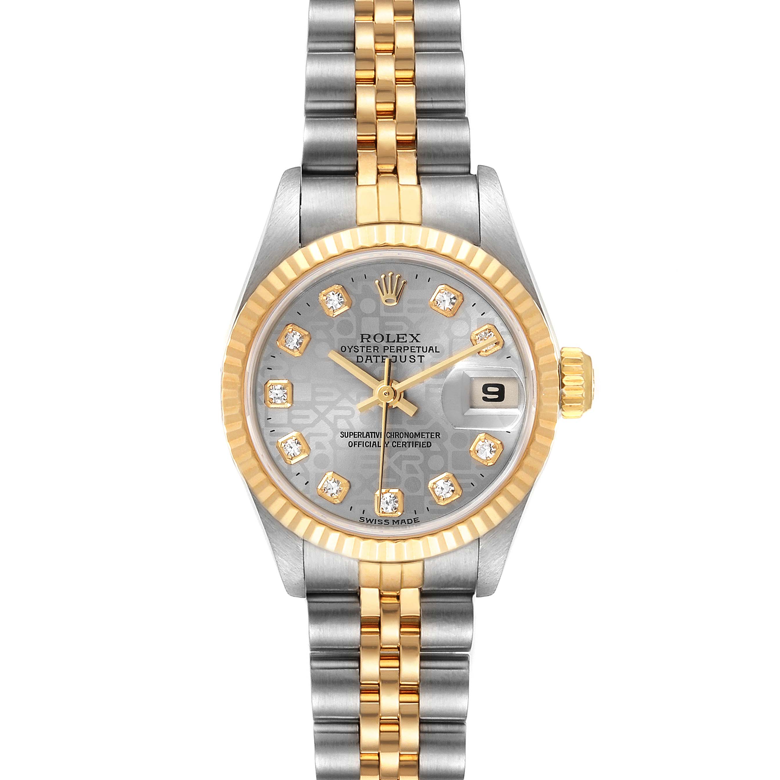 Front angle view of a Rolex Datejust 69173 Women
s Steel and Gold (two tone) Grey Dial 69173 Women
s Steel and Gold (two tone) Grey Dial watch showing the face, bezel, dial, hands, and bracelet.