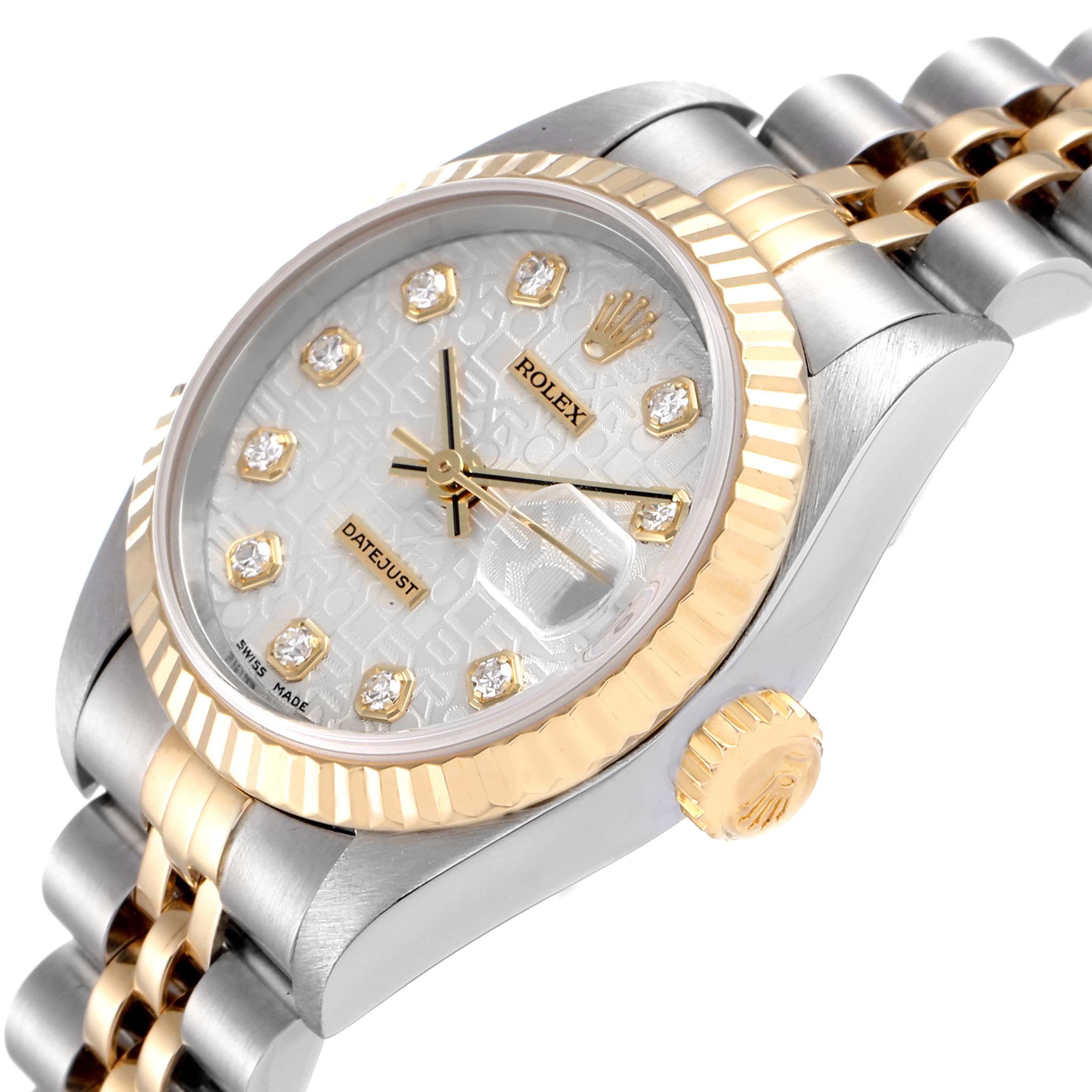 This Rolex Datejust 79173 Women's Steel and Gold (two tone) Silver Dial 79173 Women's Steel and Gold (two tone) Silver Dial watch is shown from a front angle, displaying its face, bezel, and part of the bracelet and crown.