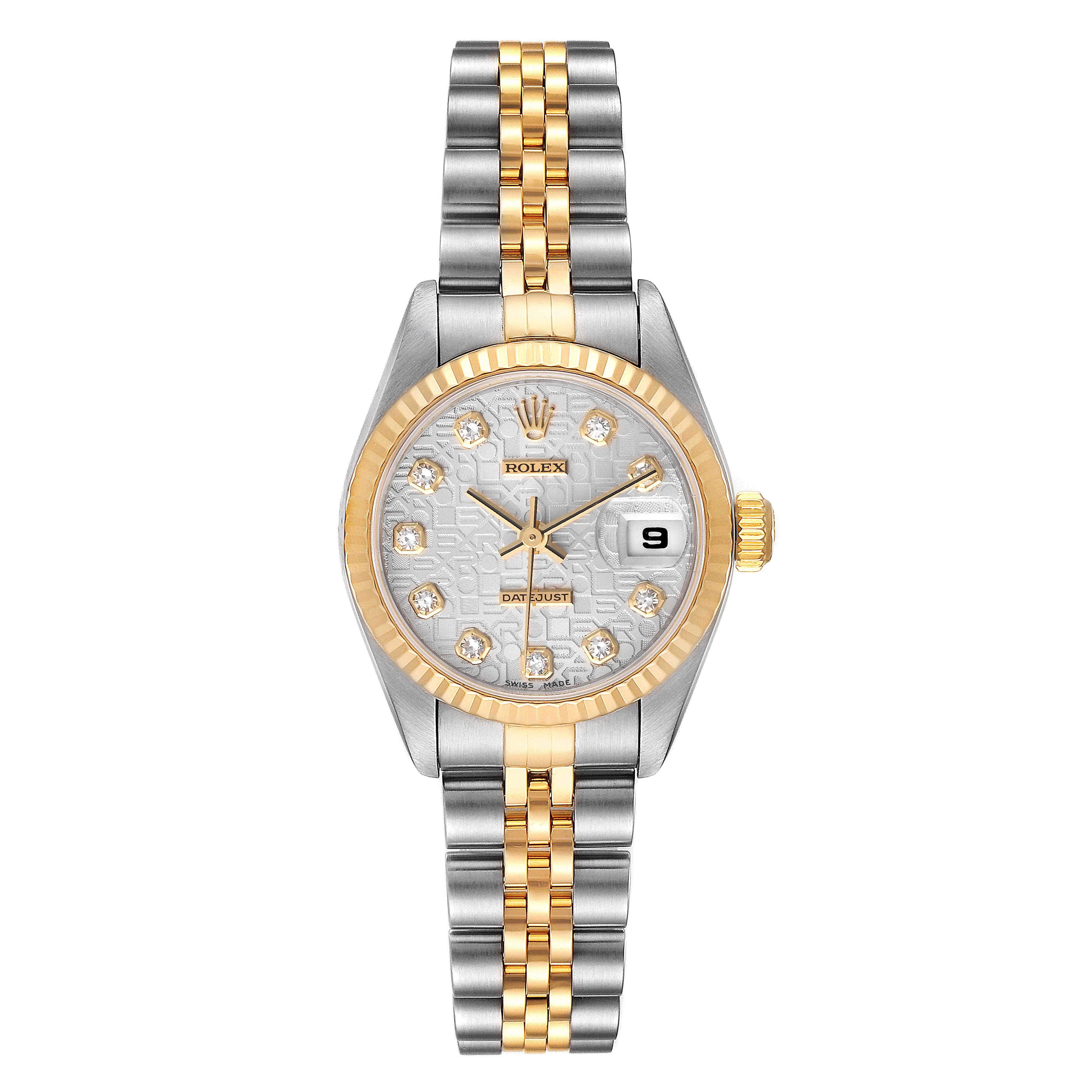 The image shows a front view of a Rolex Datejust 79173 Women's Steel and Gold (two tone) Silver Dial 79173 Women's Steel and Gold (two tone) Silver Dial watch with a two-tone bracelet, diamond markers, and a date display at 3 o'clock.