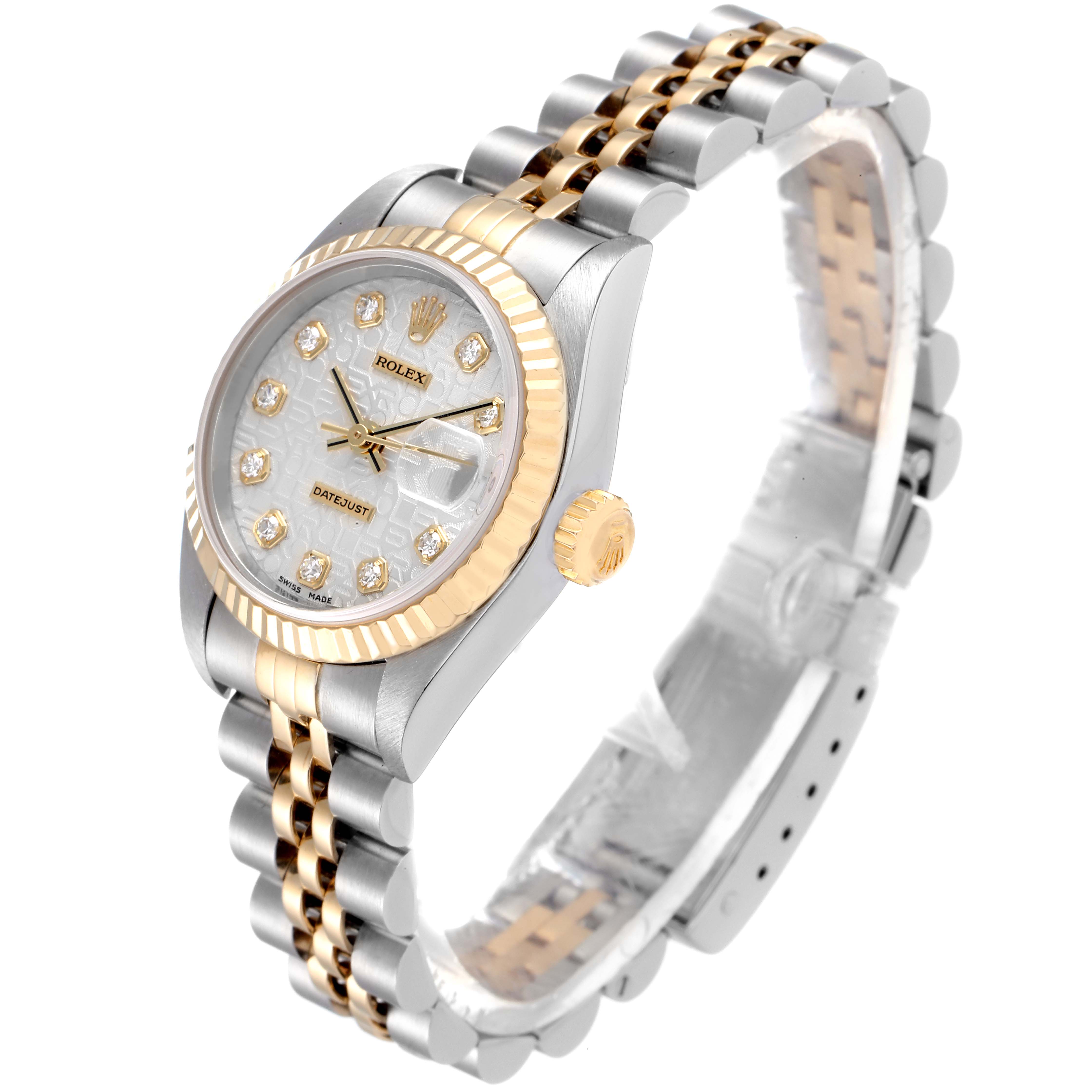 The Rolex Datejust 79173 Women's Steel and Gold (two tone) Silver Dial 79173 Women's Steel and Gold (two tone) Silver Dial watch is shown at an angled view, highlighting its bezel, dial, bracelet, and crown.