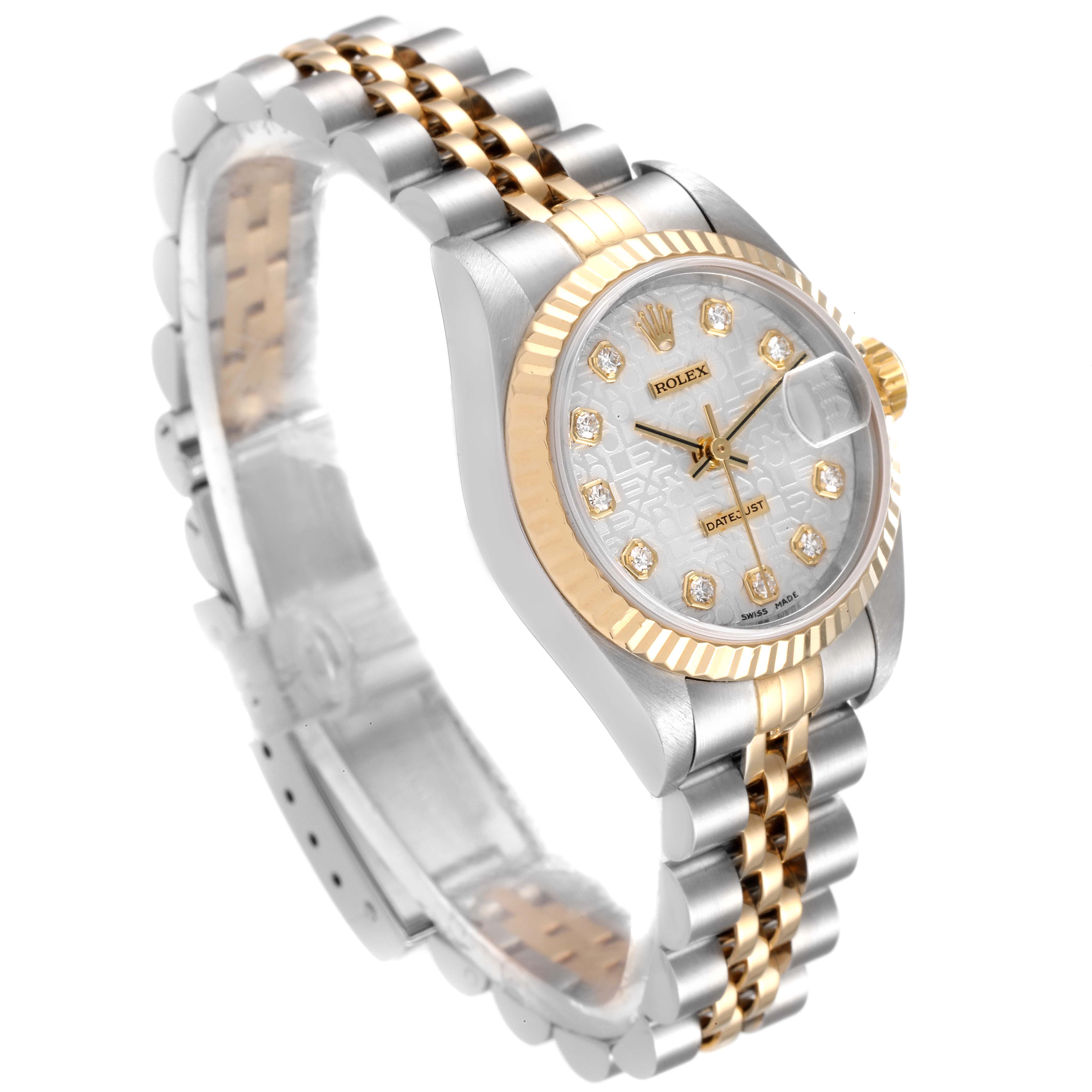 The Rolex Datejust 79173 Women's Steel and Gold (two tone) Silver Dial 79173 Women's Steel and Gold (two tone) Silver Dial watch is shown at an angled side view, highlighting its two-tone bracelet and diamond-set dial.