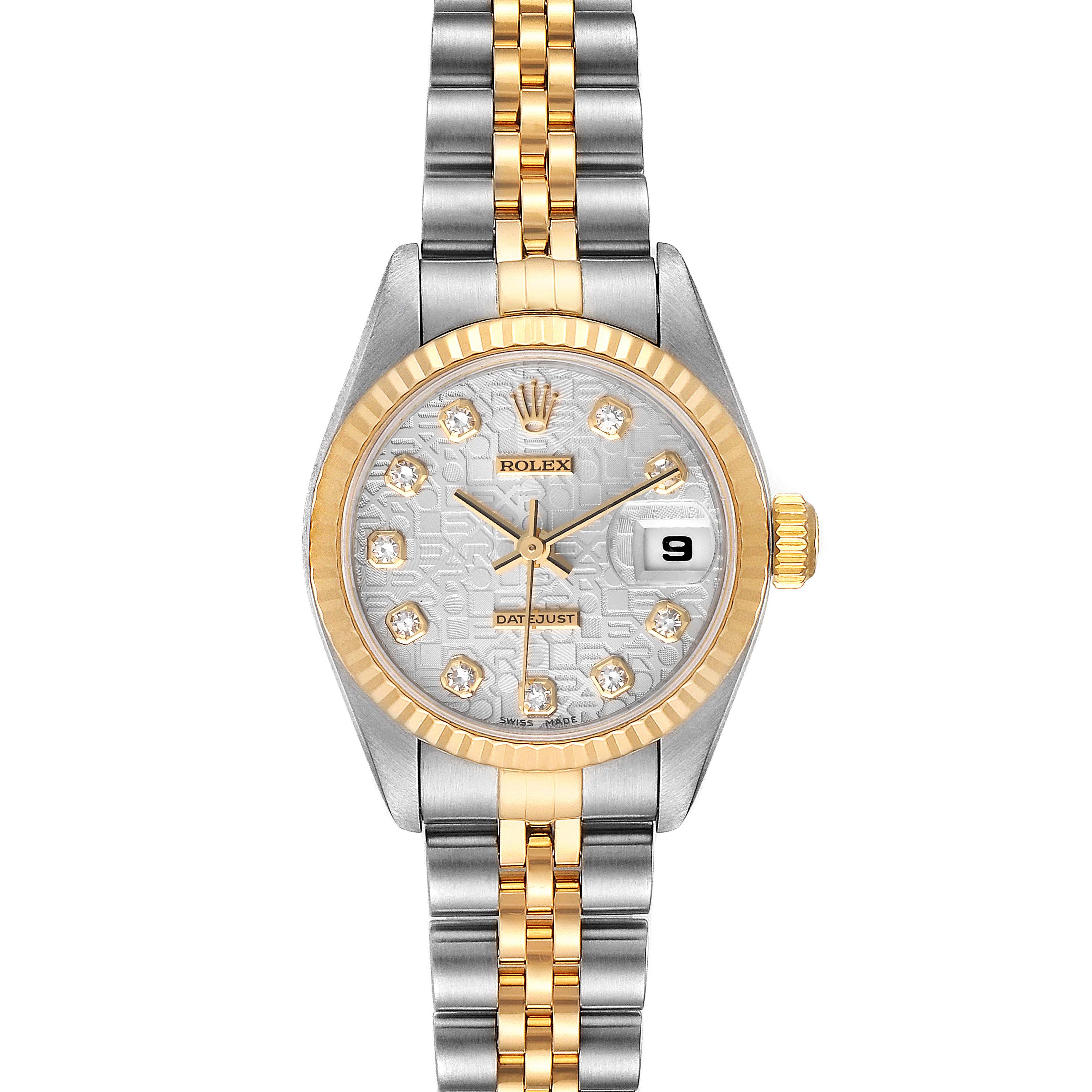 The Rolex Datejust 79173 Women's Steel and Gold (two tone) Silver Dial 79173 Women's Steel and Gold (two tone) Silver Dial watch is shown from a front angle, displaying the dial, hands, date window, and two-tone bracelet.
