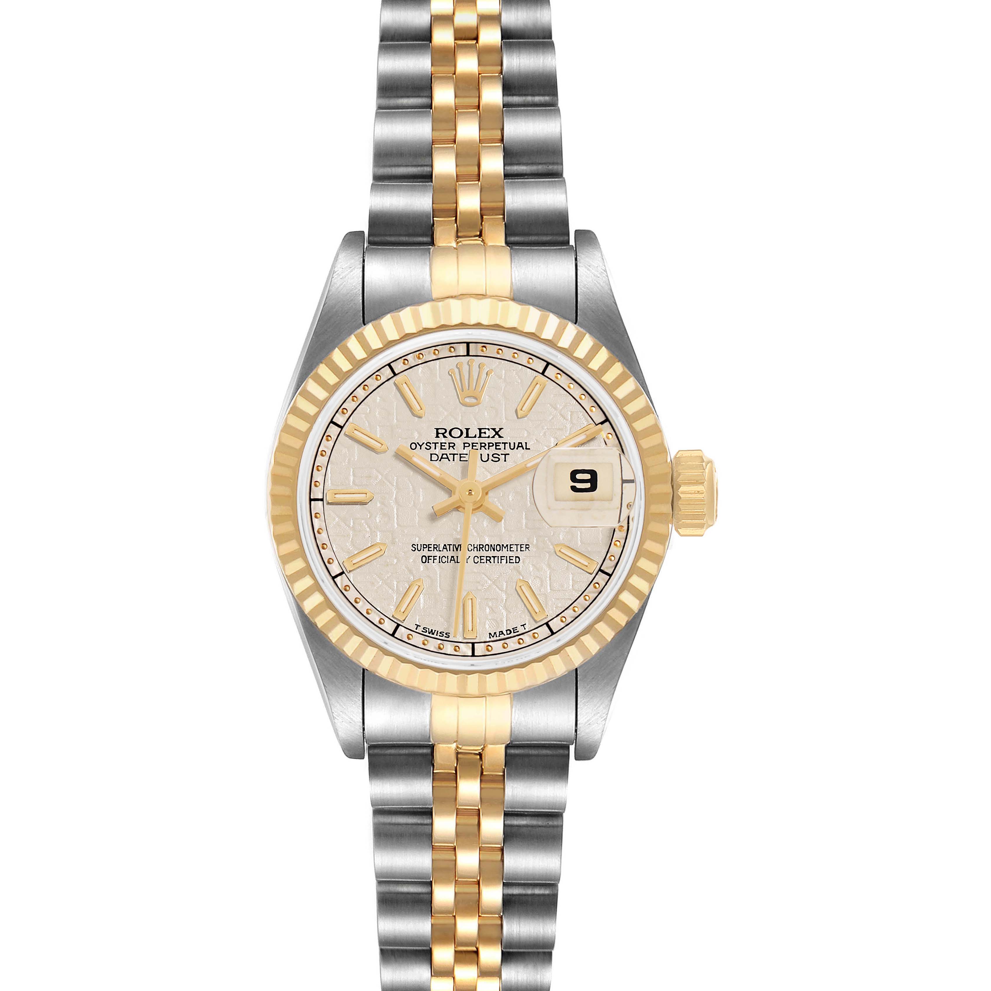 The Rolex Datejust 69173 Women's Steel and Gold (two tone) White Dial watch is shown from a top-down angle, displaying its face, bezel, and two-tone bracelet.