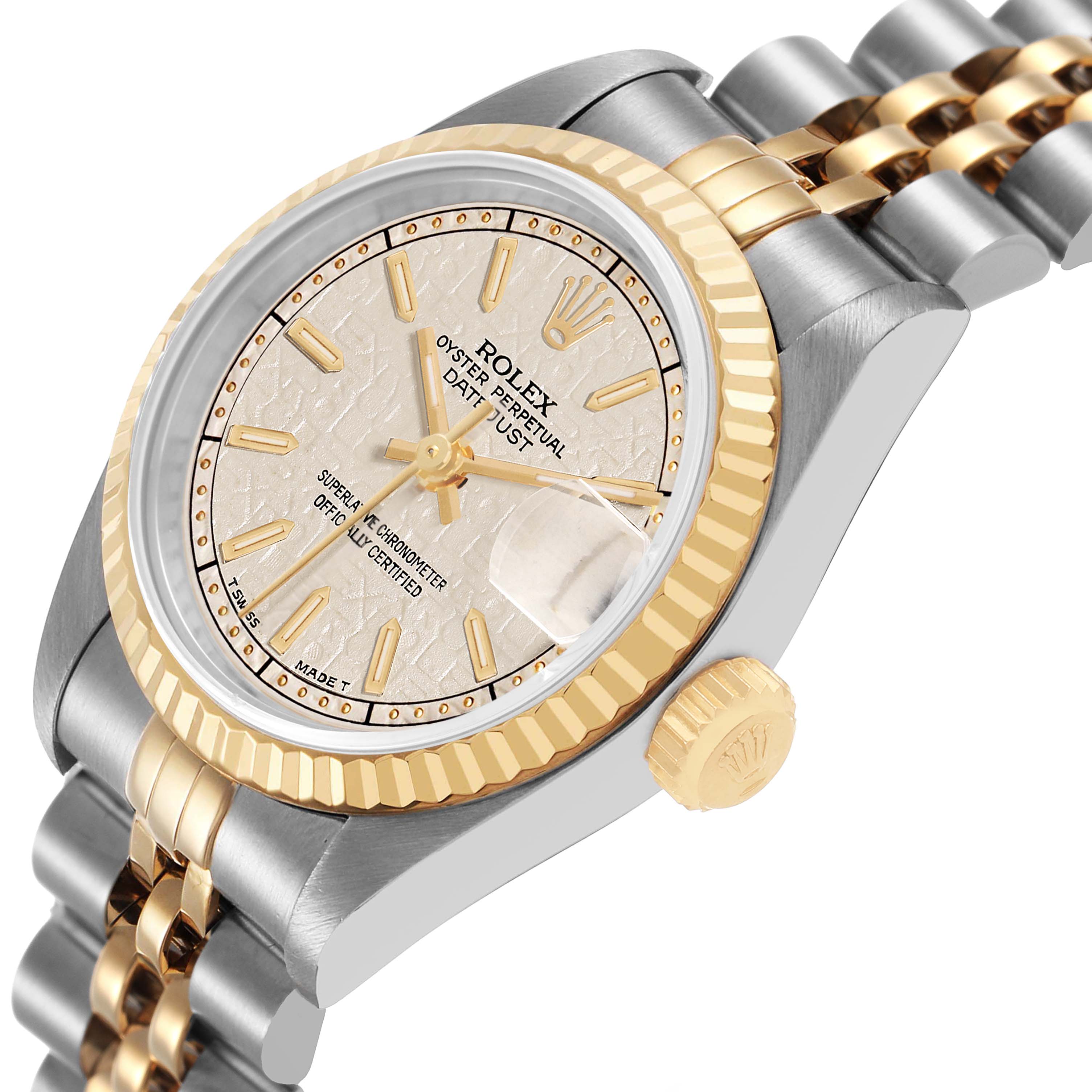 The Rolex Datejust 69173 Women's Steel and Gold (two tone) White Dial watch is shown at an angled side view, highlighting the face, crown, and part of the bracelet.
